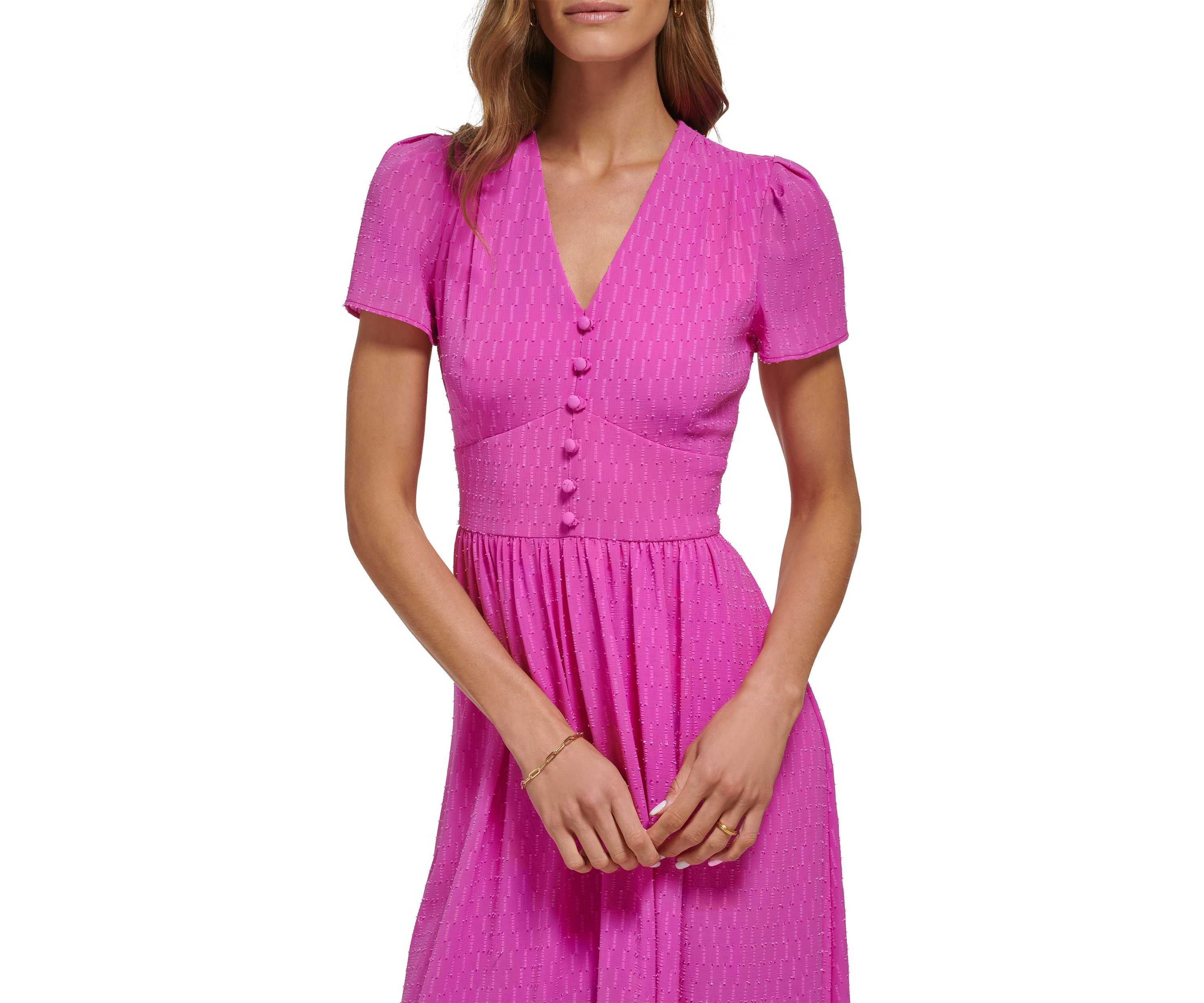 Womens Short Sleeve Jacquard Satin Button Front V-Neck Midi Dress