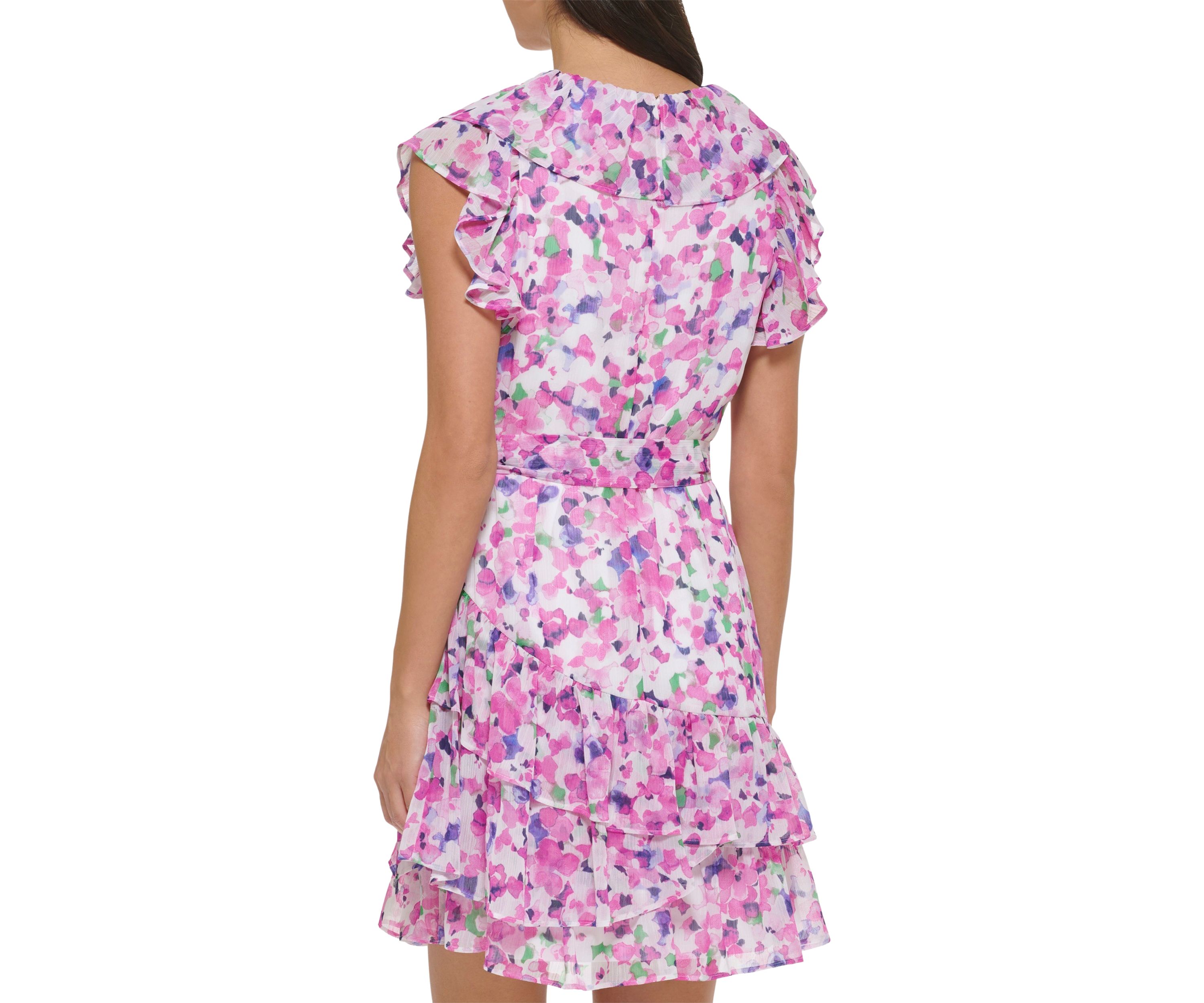 Womens Short Flutter Sleeve Floral Printed Smock Waist Fit and Flare Dress