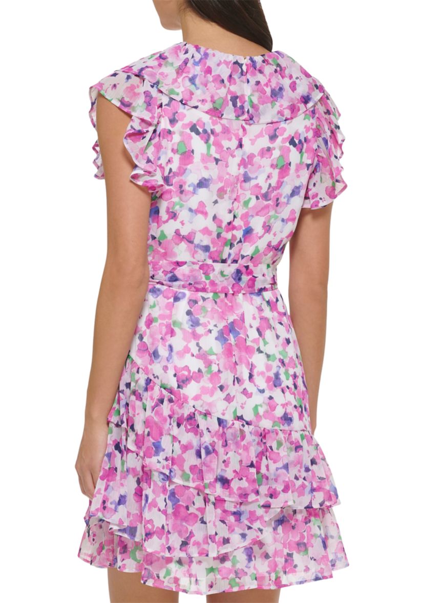 Womens Short Flutter Sleeve Floral Printed Smock Waist Fit and Flare Dress