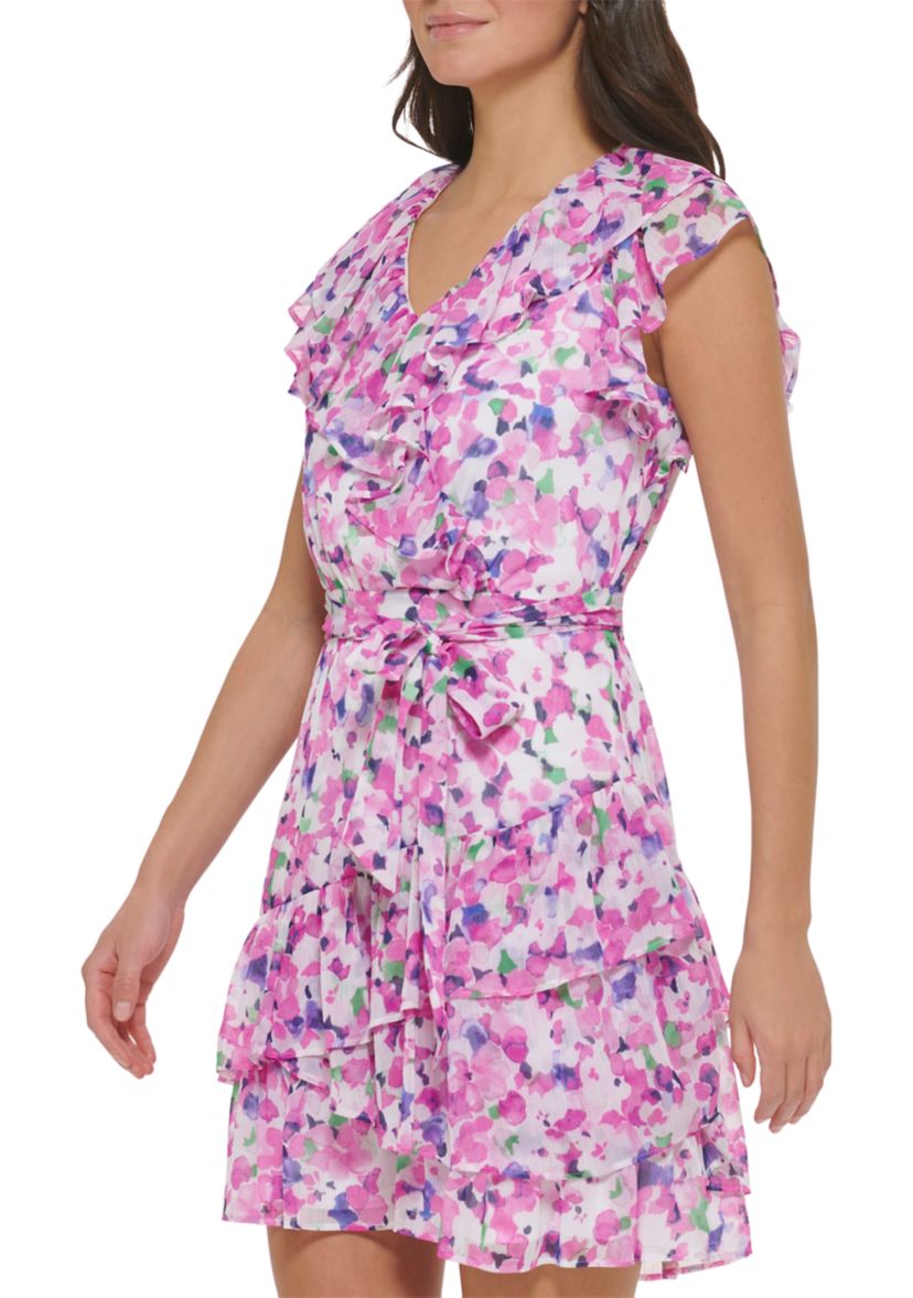 Womens Short Flutter Sleeve Floral Printed Smock Waist Fit and Flare Dress
