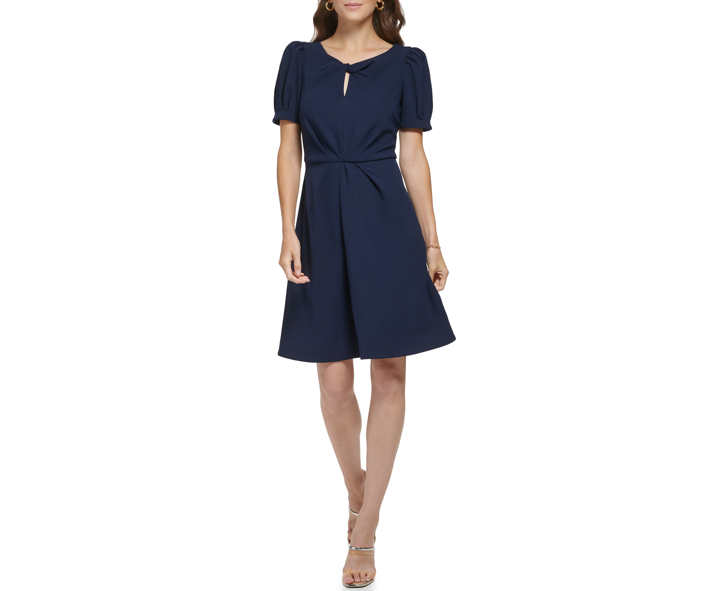 Womens Puff Sleeve Keyhole Neck Solid Fit and Flare Dress