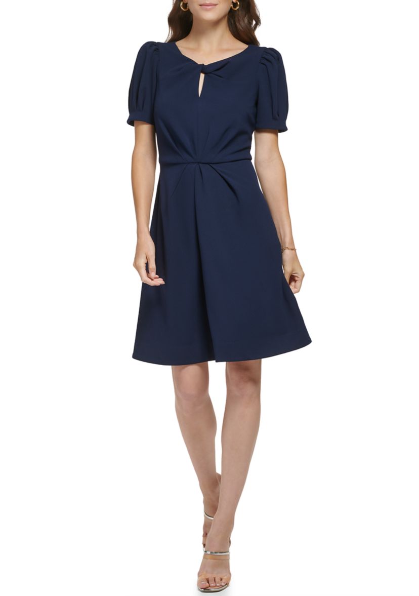 Womens Puff Sleeve Keyhole Neck Solid Fit and Flare Dress