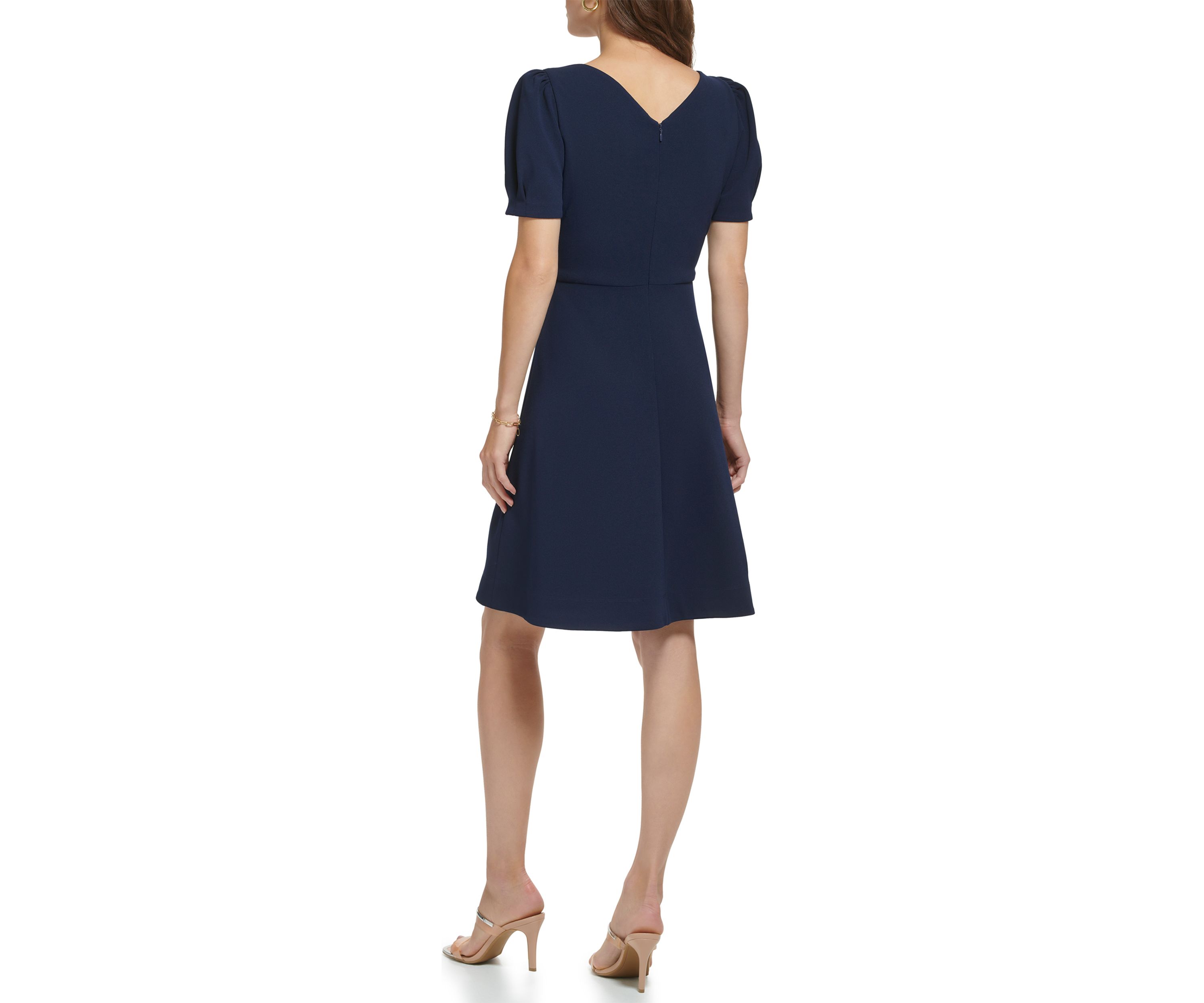 Womens Puff Sleeve Keyhole Neck Solid Fit and Flare Dress