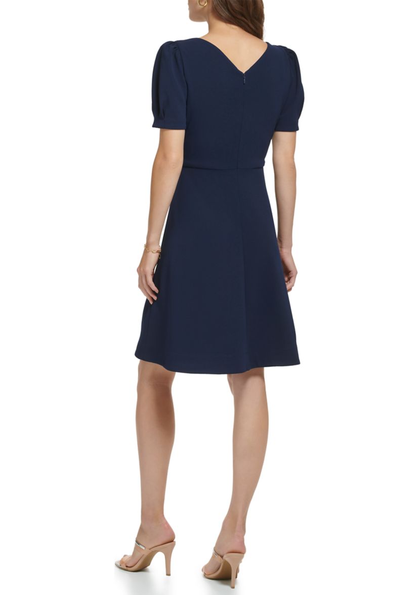 Womens Puff Sleeve Keyhole Neck Solid Fit and Flare Dress