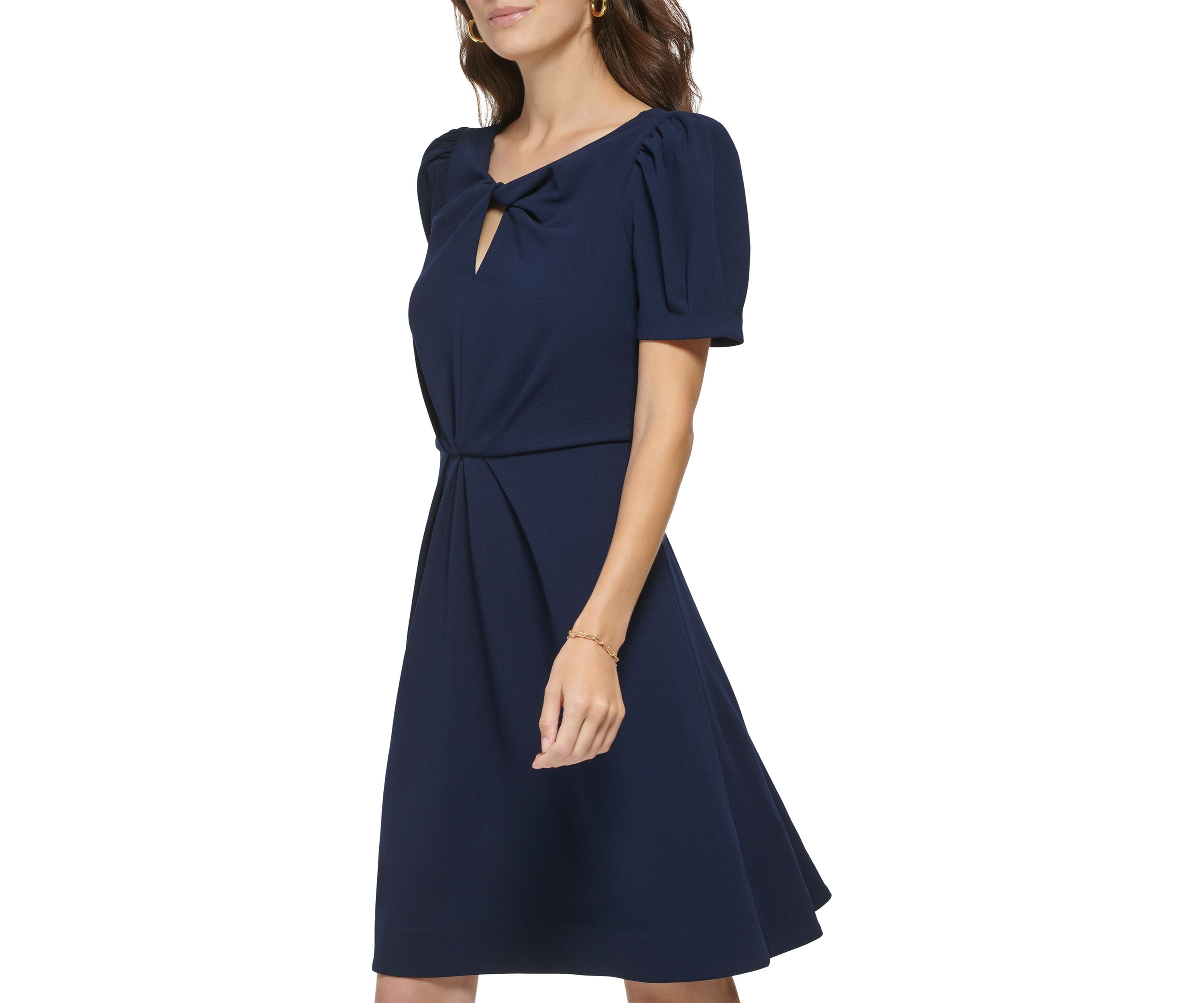 Womens Puff Sleeve Keyhole Neck Solid Fit and Flare Dress