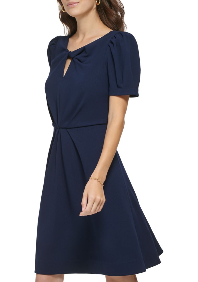 Womens Puff Sleeve Keyhole Neck Solid Fit and Flare Dress