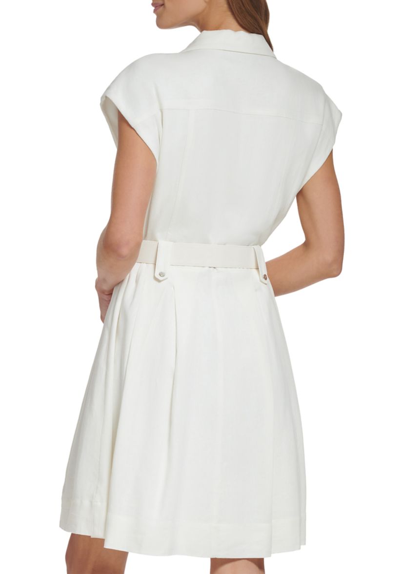 Womens Cap Sleeve Belted Fit and Flare Dress