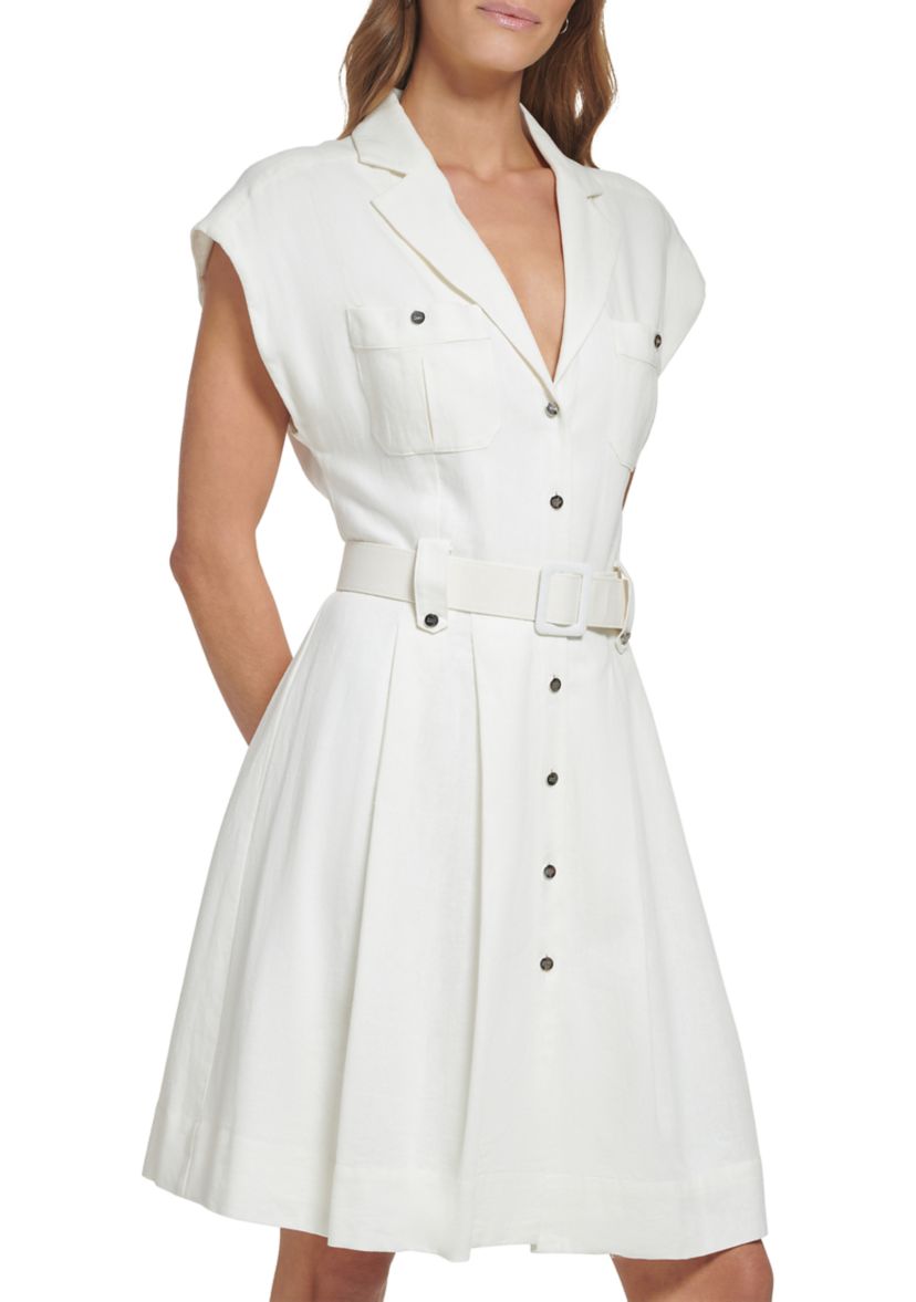 Womens Cap Sleeve Belted Fit and Flare Dress