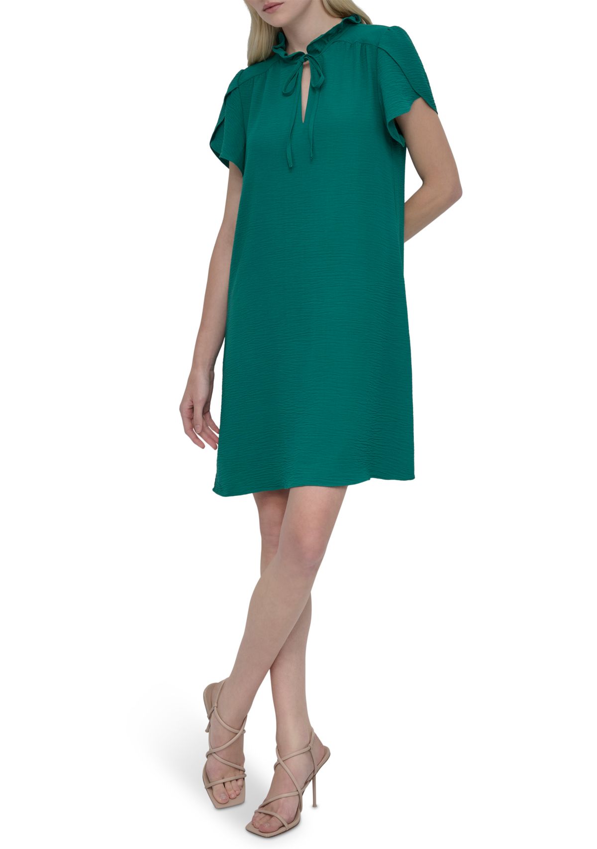 Womens Short Sleeve Ruffle Neck Solid Chiffon Shift Dress