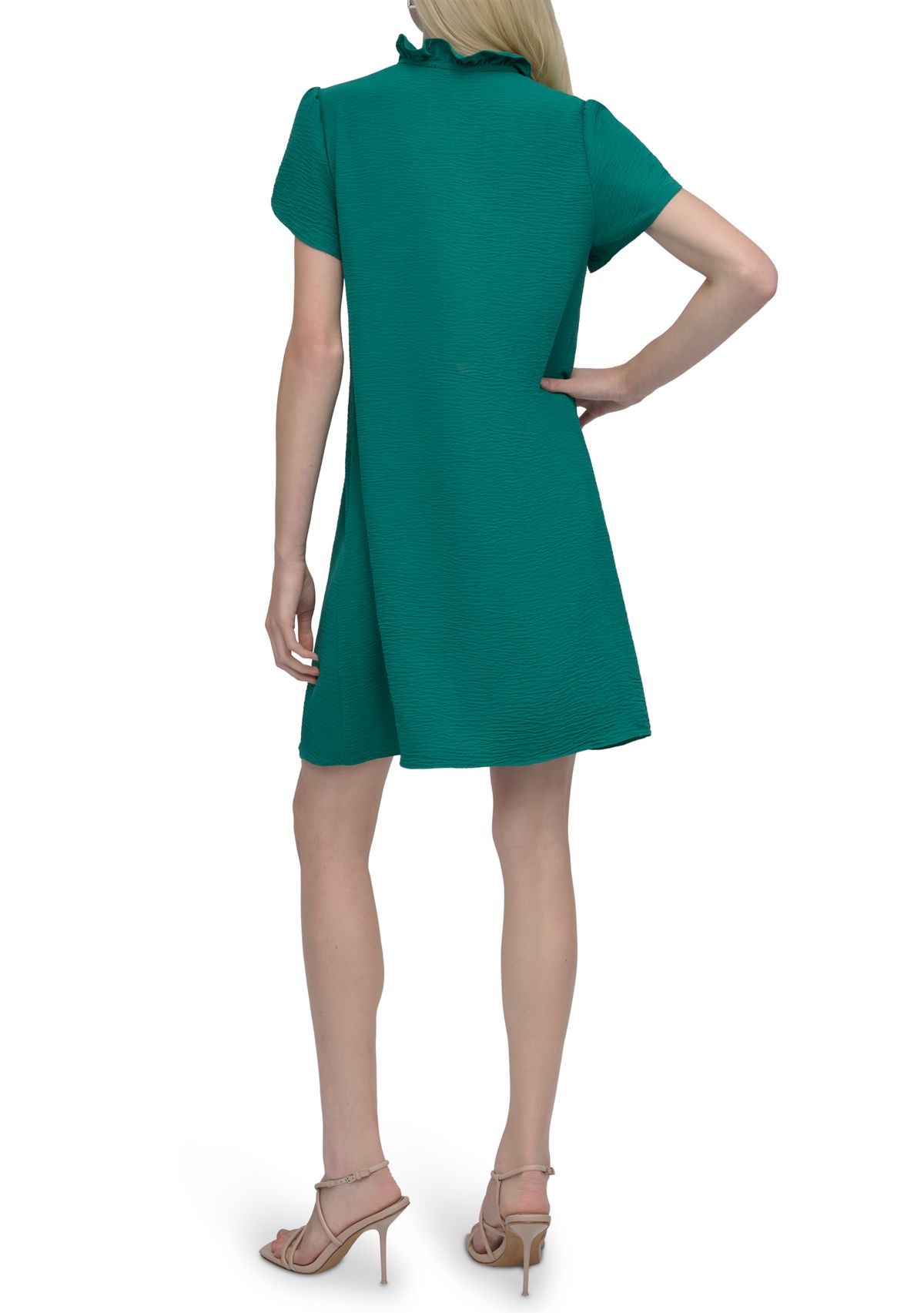 Womens Short Sleeve Ruffle Neck Solid Chiffon Shift Dress