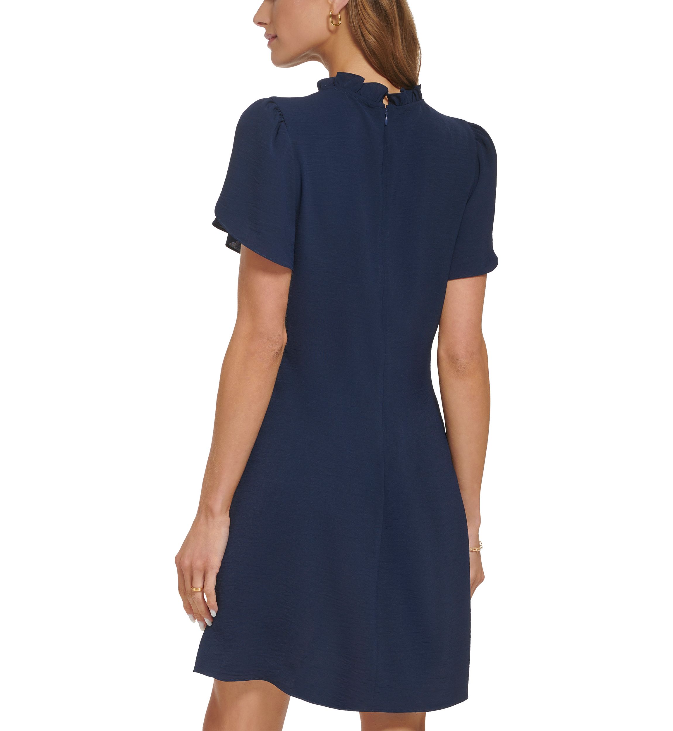 Womens Short Sleeve Ruffle Neck Solid Chiffon Shift Dress