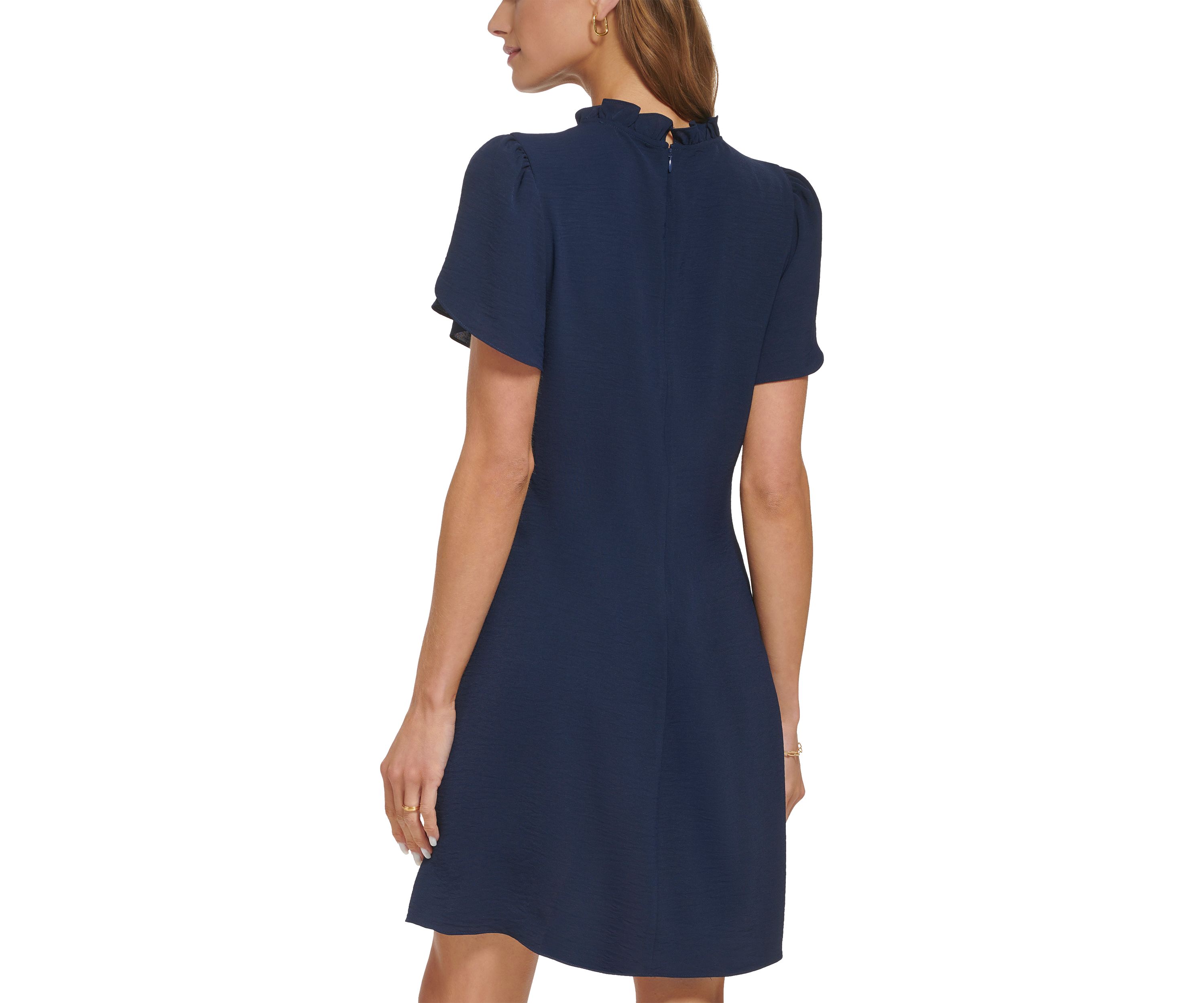 Womens Short Sleeve Ruffle Neck Solid Chiffon Shift Dress