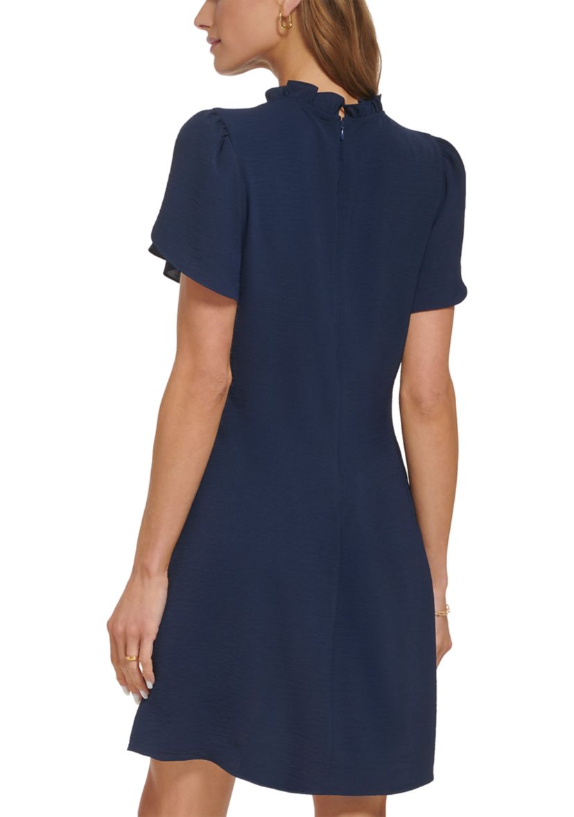 Womens Short Sleeve Ruffle Neck Solid Chiffon Shift Dress
