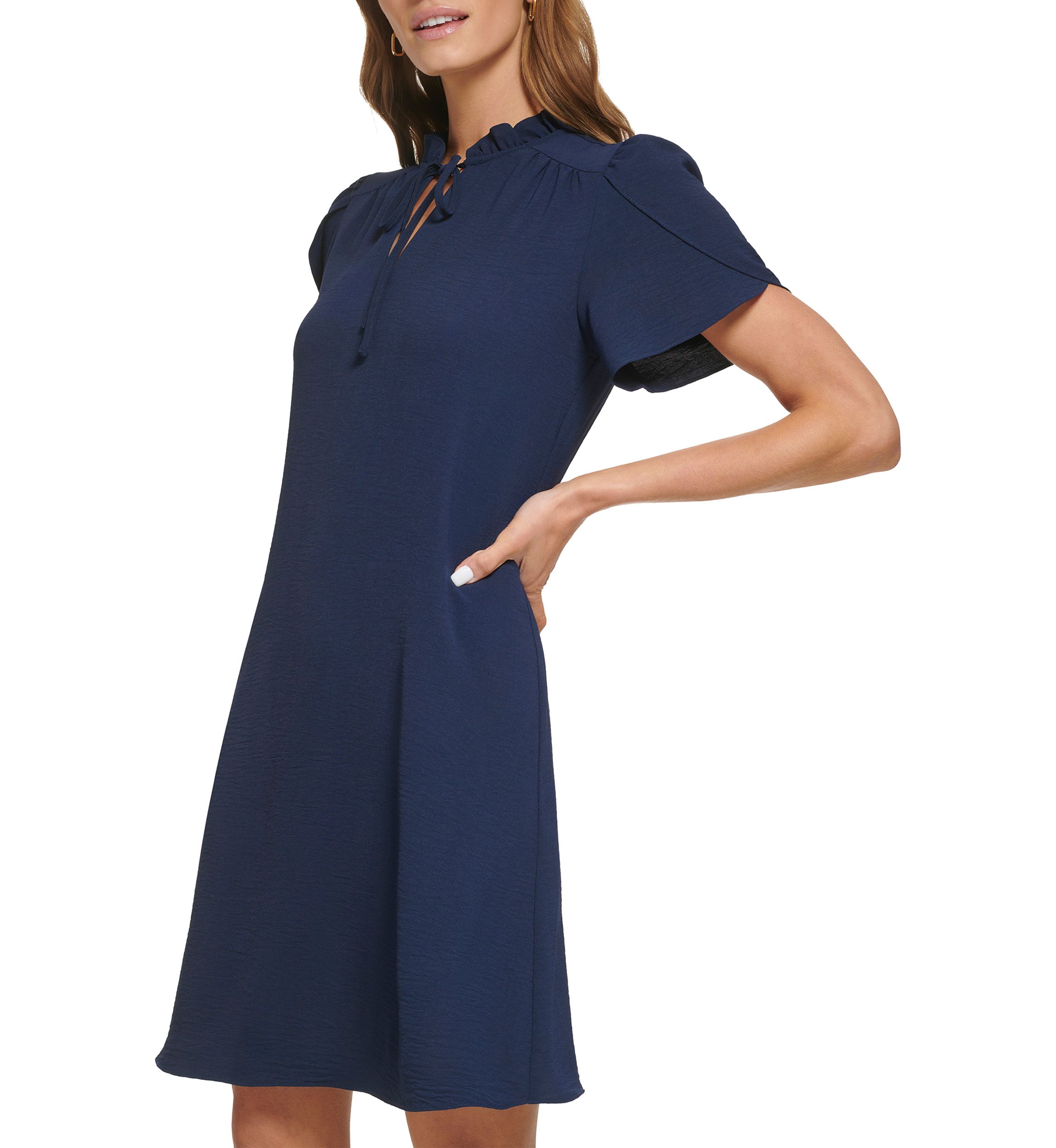 Womens Short Sleeve Ruffle Neck Solid Chiffon Shift Dress