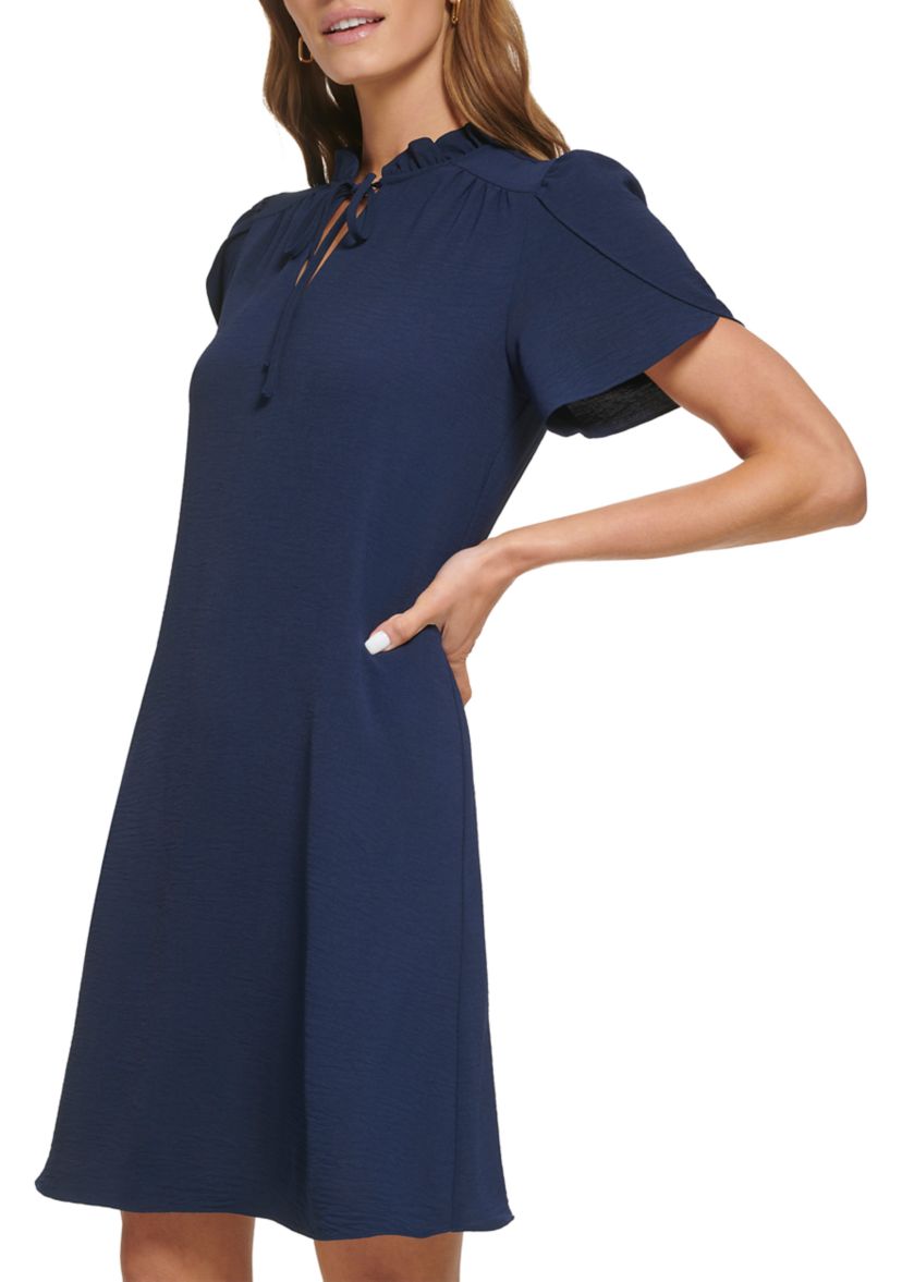 Womens Short Sleeve Ruffle Neck Solid Chiffon Shift Dress