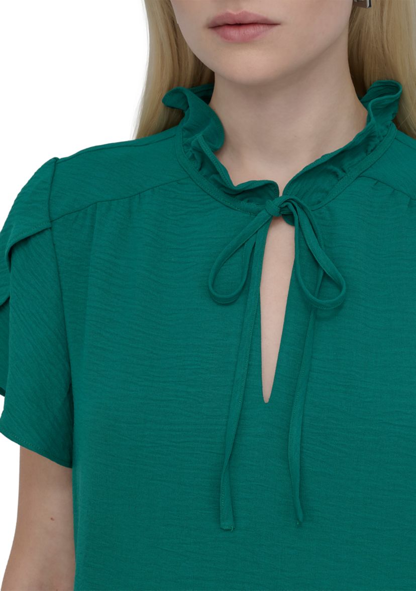 Womens Short Sleeve Ruffle Neck Solid Chiffon Shift Dress