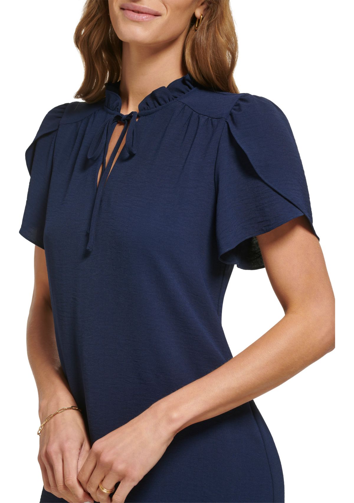 Womens Short Sleeve Ruffle Neck Solid Chiffon Shift Dress