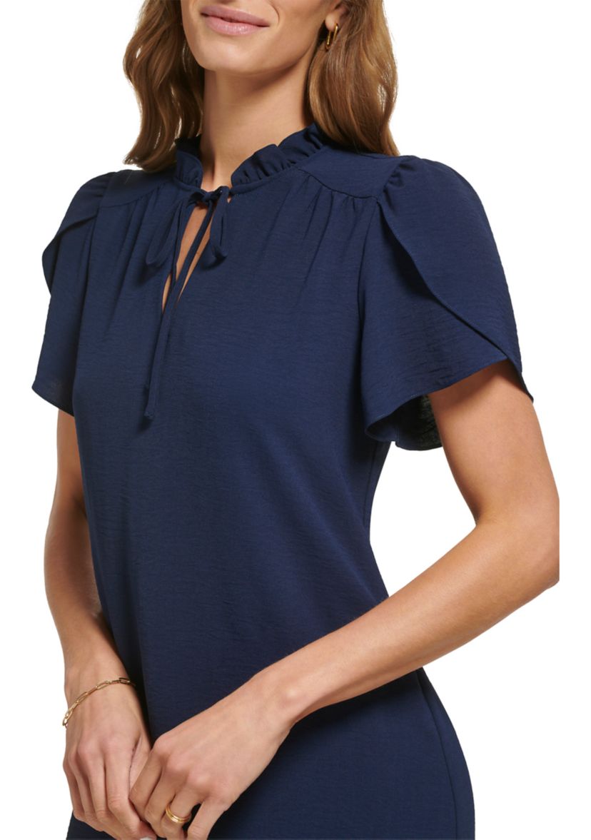 Womens Short Sleeve Ruffle Neck Solid Chiffon Shift Dress