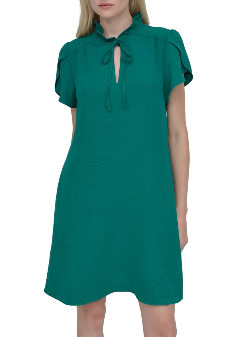 Womens Short Sleeve Ruffle Neck Solid Chiffon Shift Dress