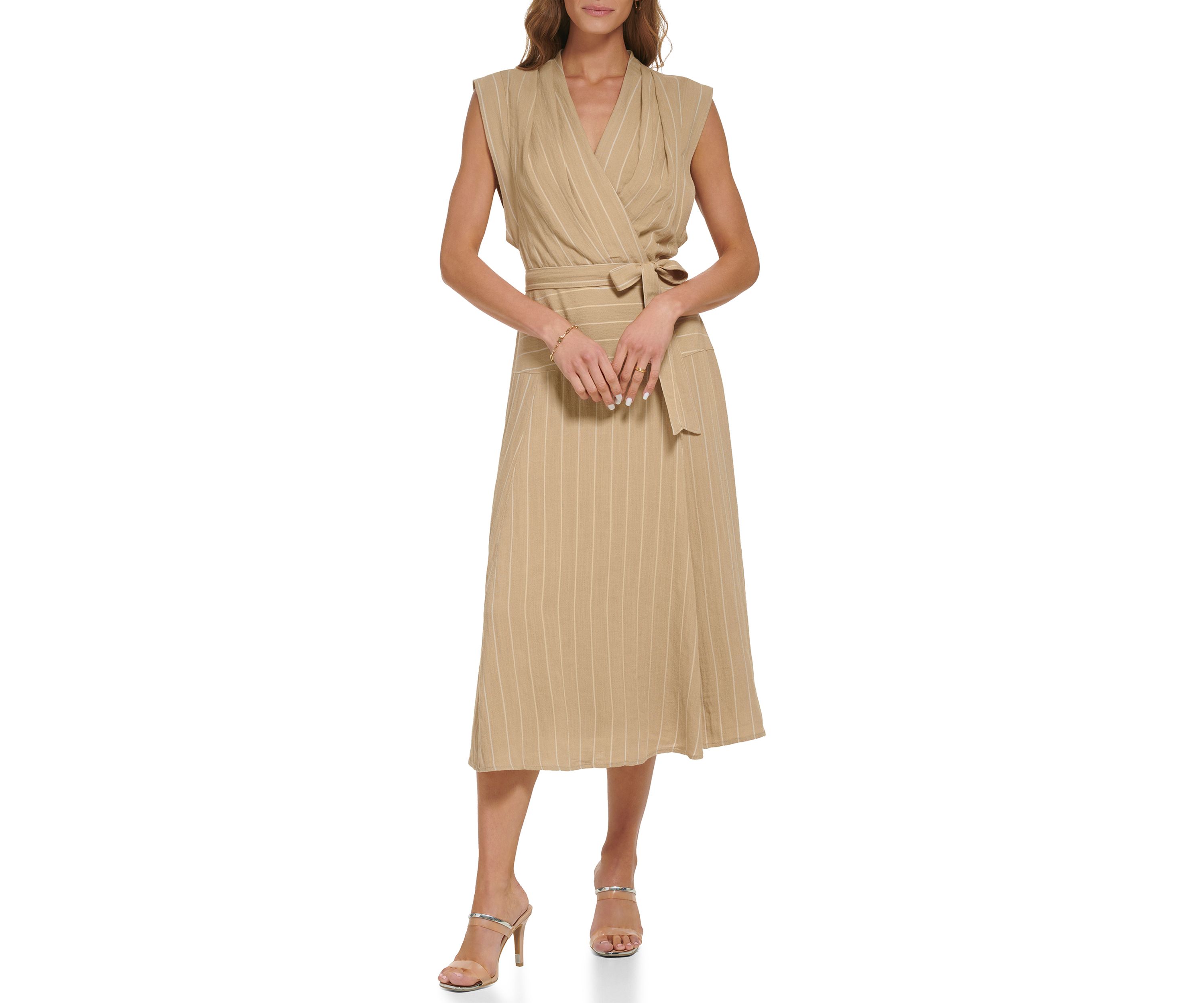 Womens Sleeveless Striped Linen Surplice Midi Dress
