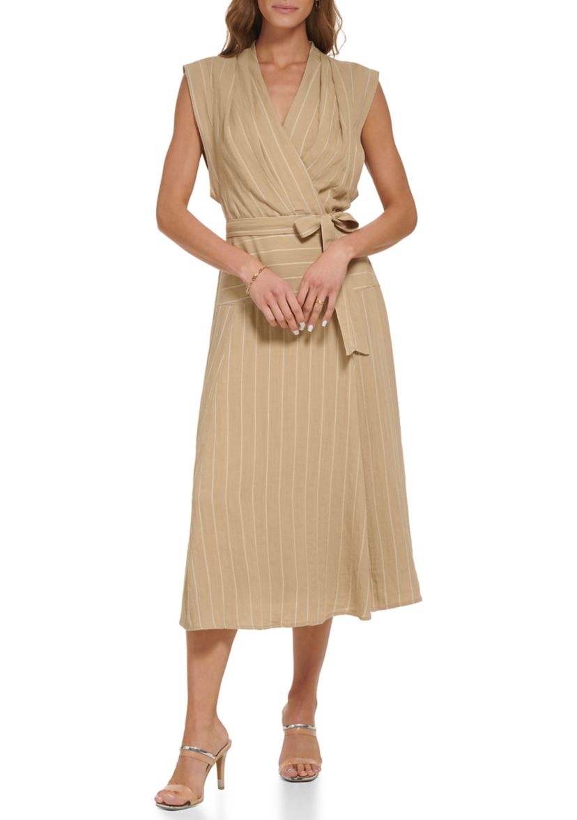Womens Sleeveless Striped Linen Surplice Midi Dress