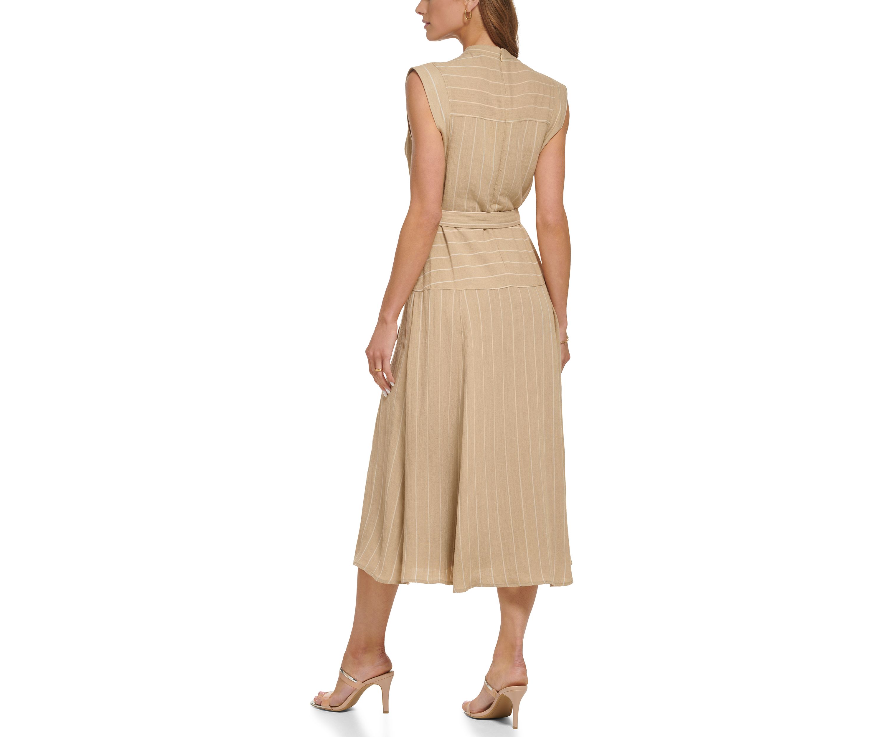 Womens Sleeveless Striped Linen Surplice Midi Dress
