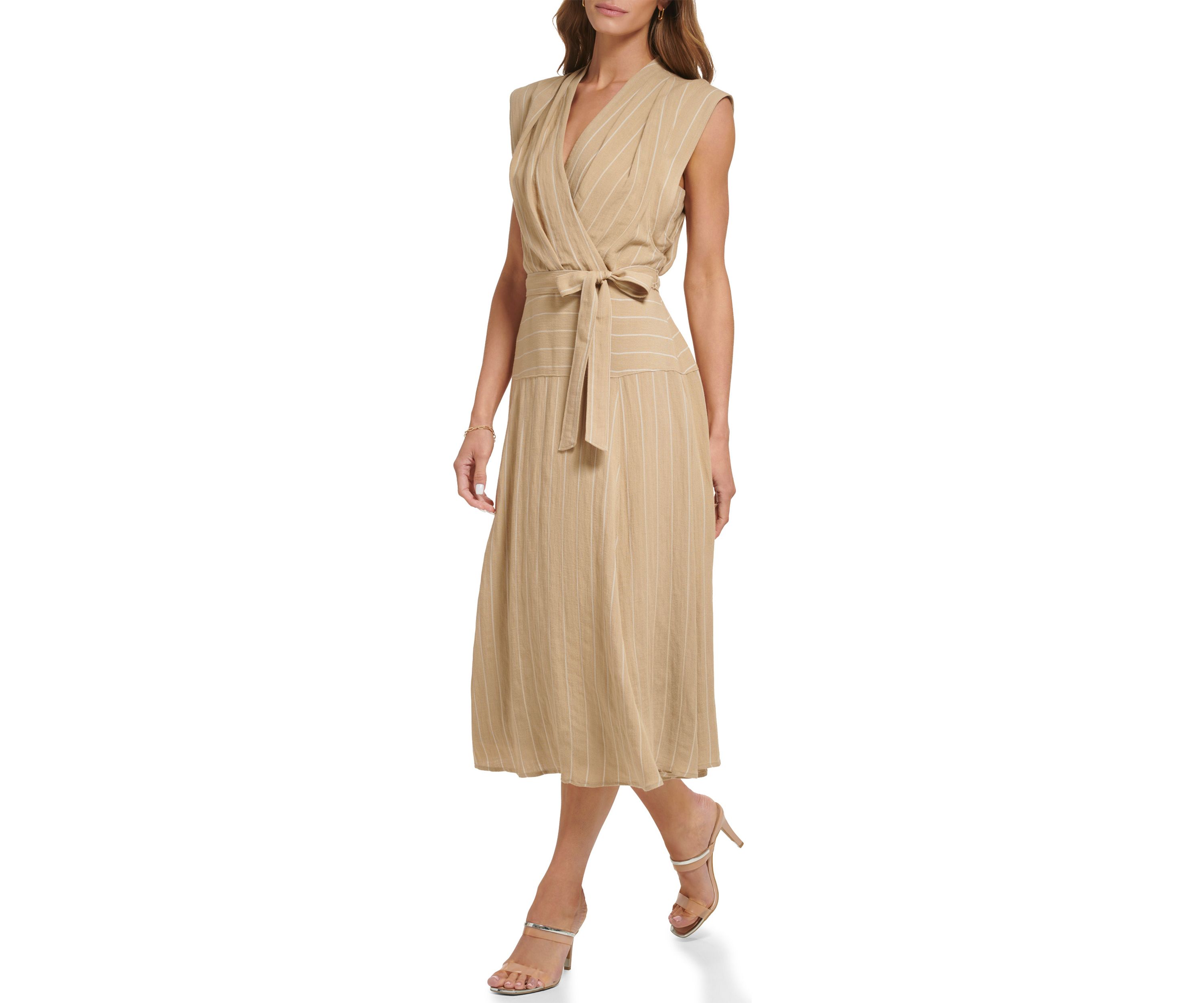 Womens Sleeveless Striped Linen Surplice Midi Dress