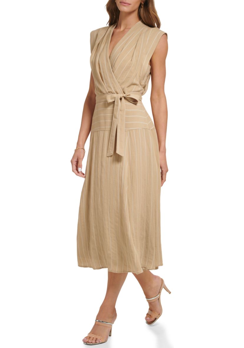Womens Sleeveless Striped Linen Surplice Midi Dress