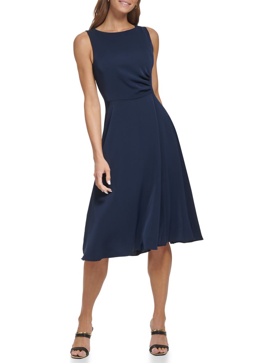 Womens Sleeveless Boat Neck Solid Scuba Fit and Flare Dress