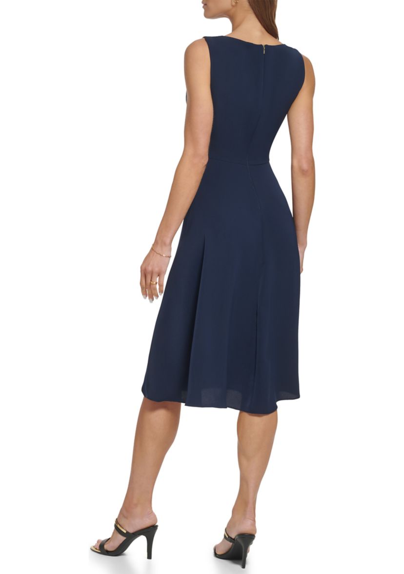 Womens Sleeveless Boat Neck Solid Scuba Fit and Flare Dress