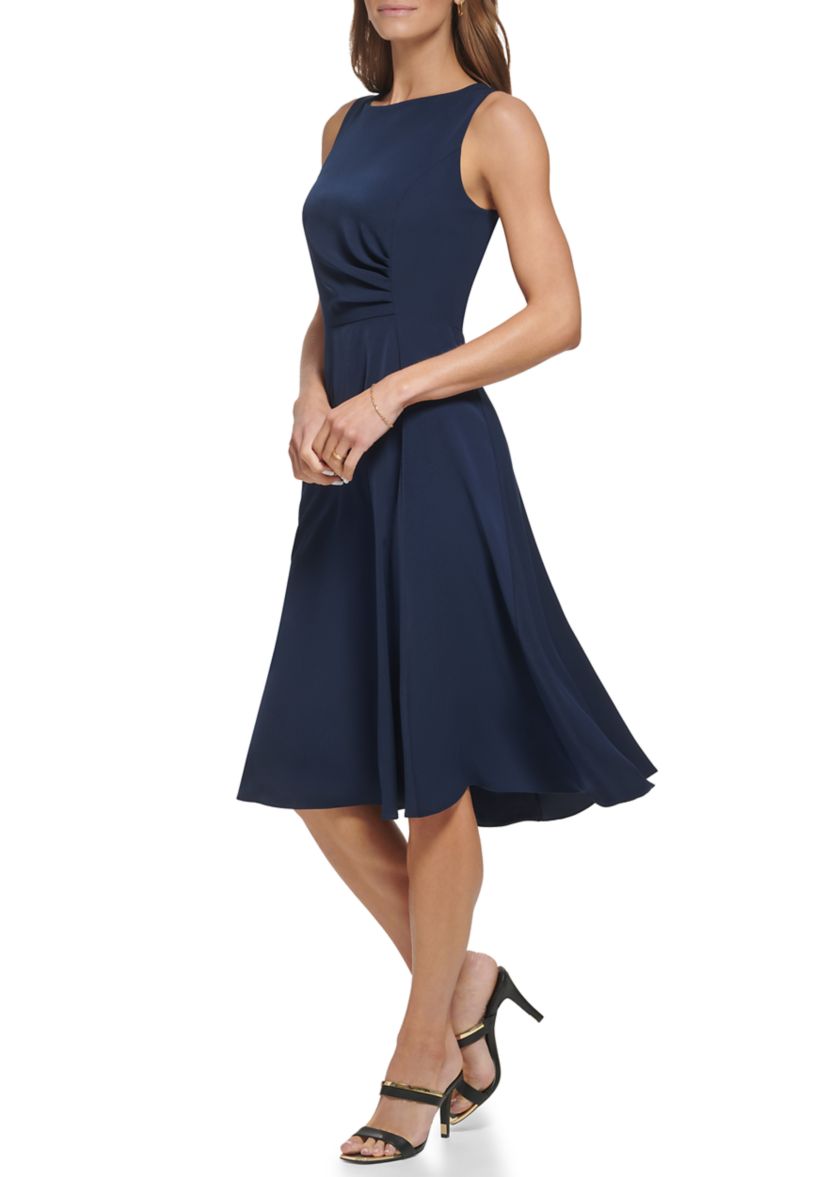 Womens Sleeveless Boat Neck Solid Scuba Fit and Flare Dress