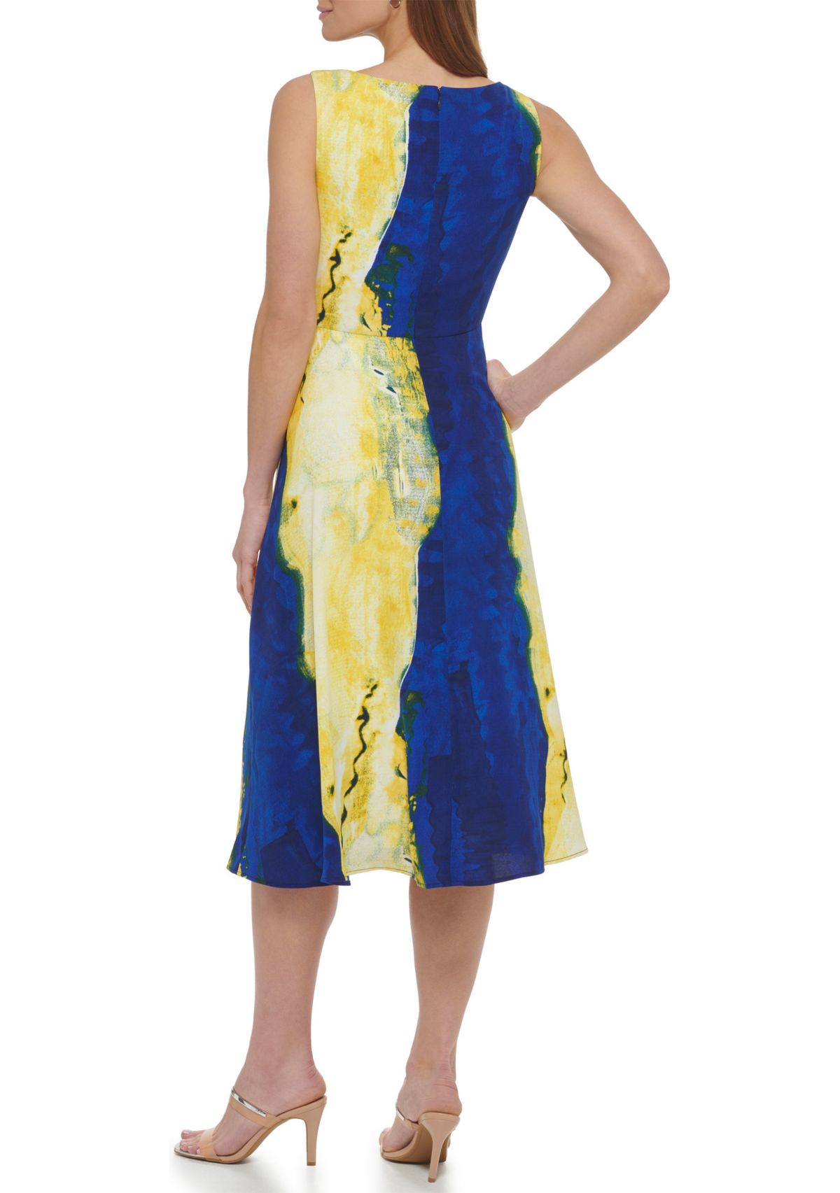 Womens Sleeveless Boat Neck Multi Color Fit and Flare Midi Dress