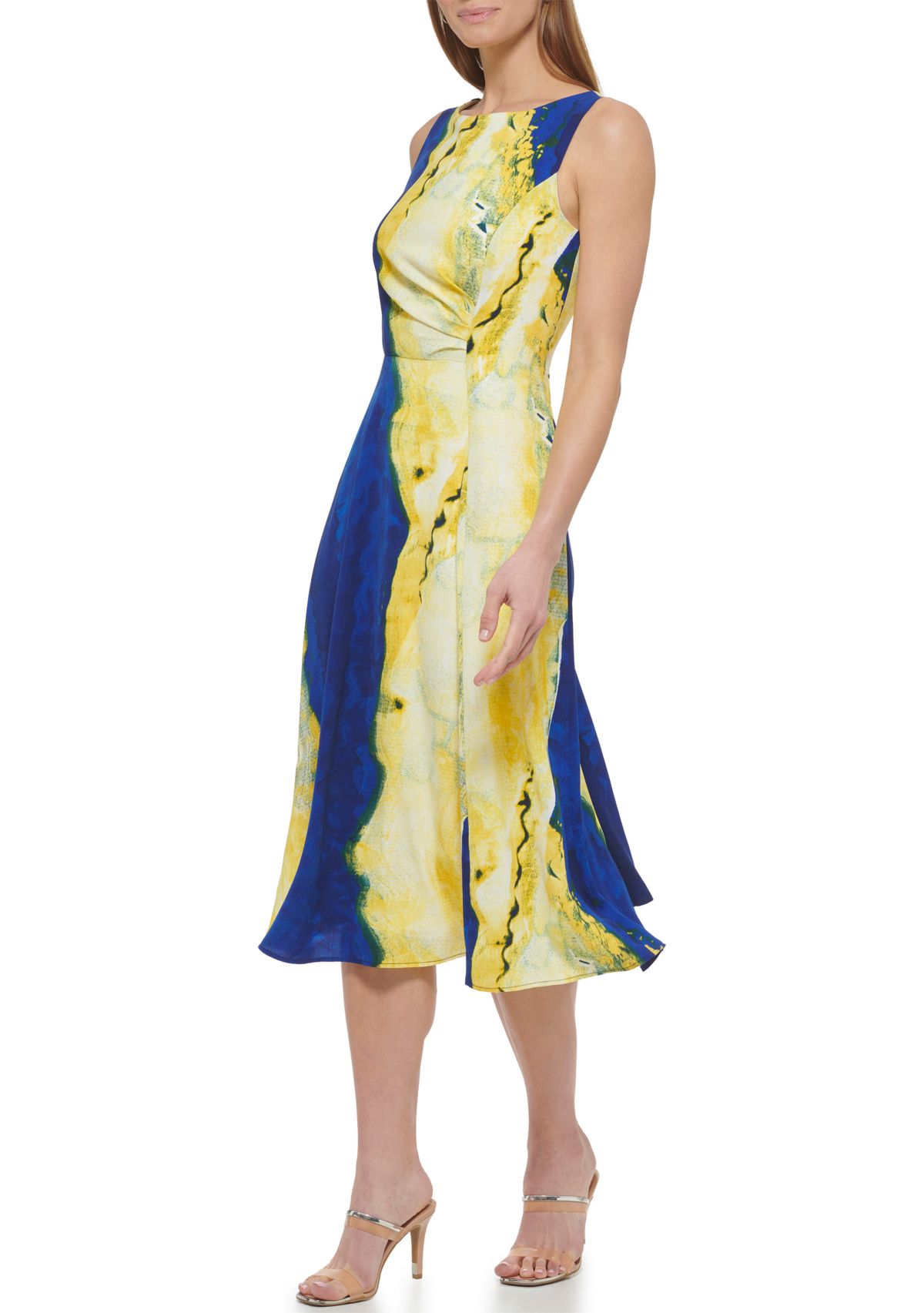 Womens Sleeveless Boat Neck Multi Color Fit and Flare Midi Dress