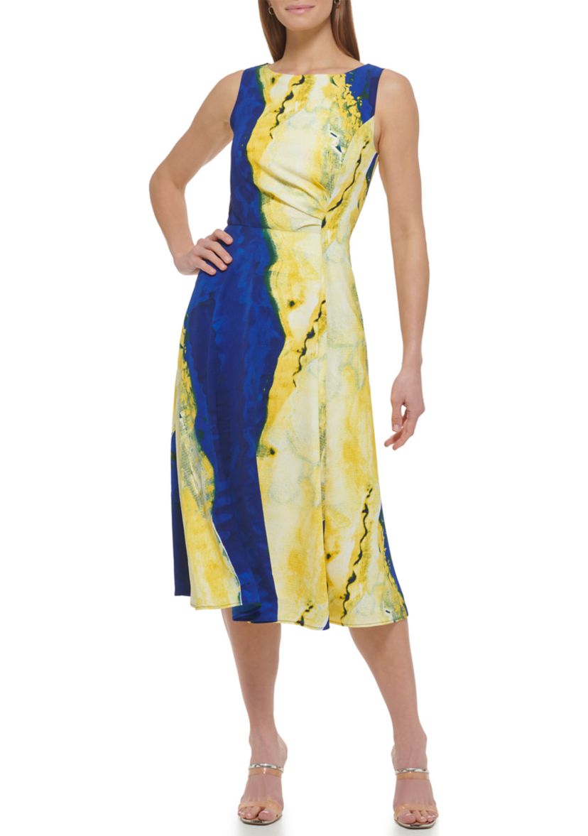 Womens Sleeveless Boat Neck Multi Color Fit and Flare Midi Dress