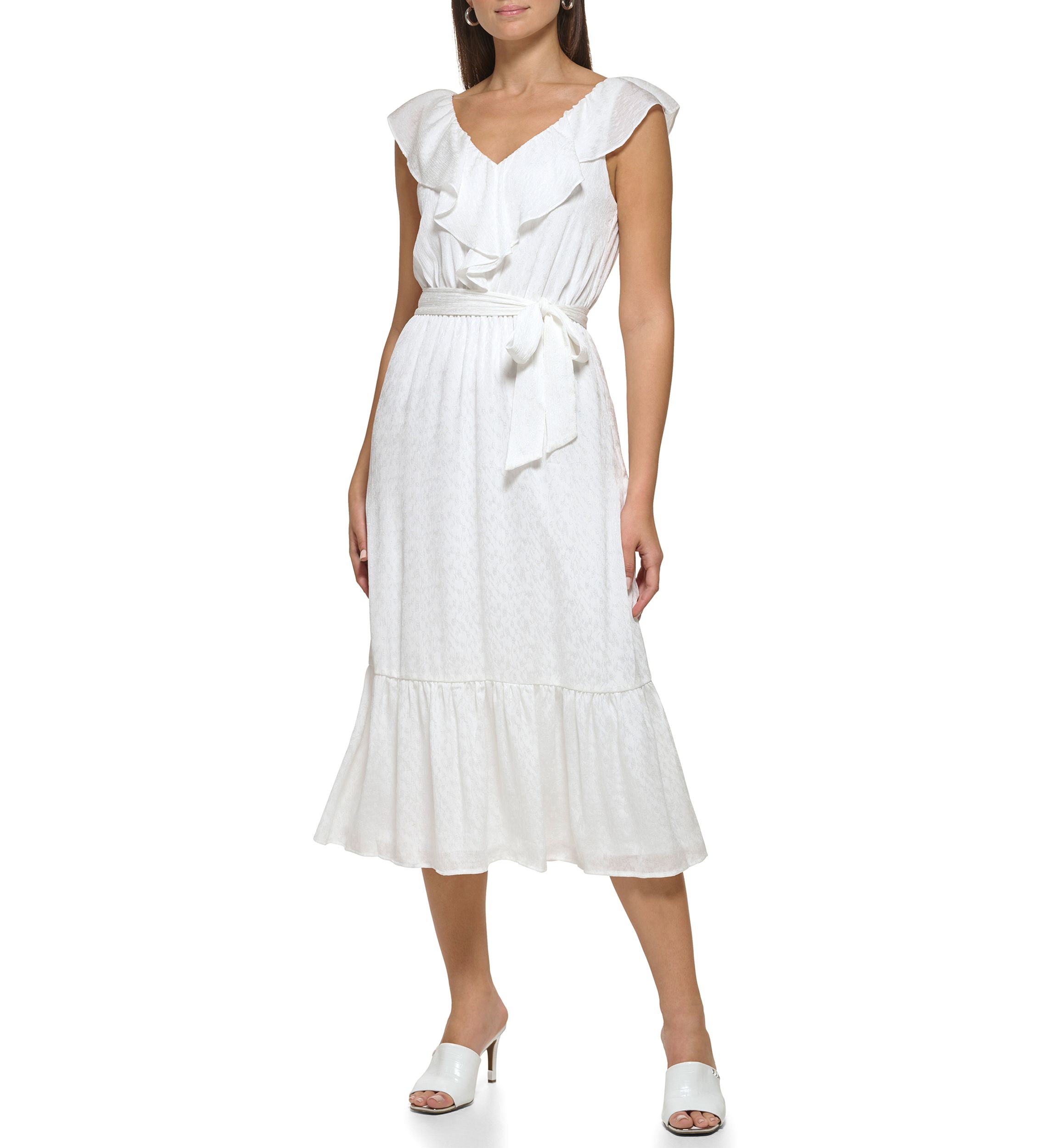 Womens Sleeveless Ruffle Neck Tie Waist Solid Fit and Flare Dress