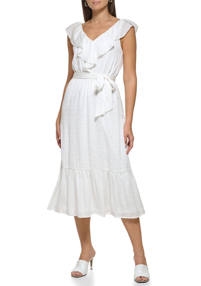 Womens Sleeveless Ruffle Neck Tie Waist Solid Fit and Flare Dress