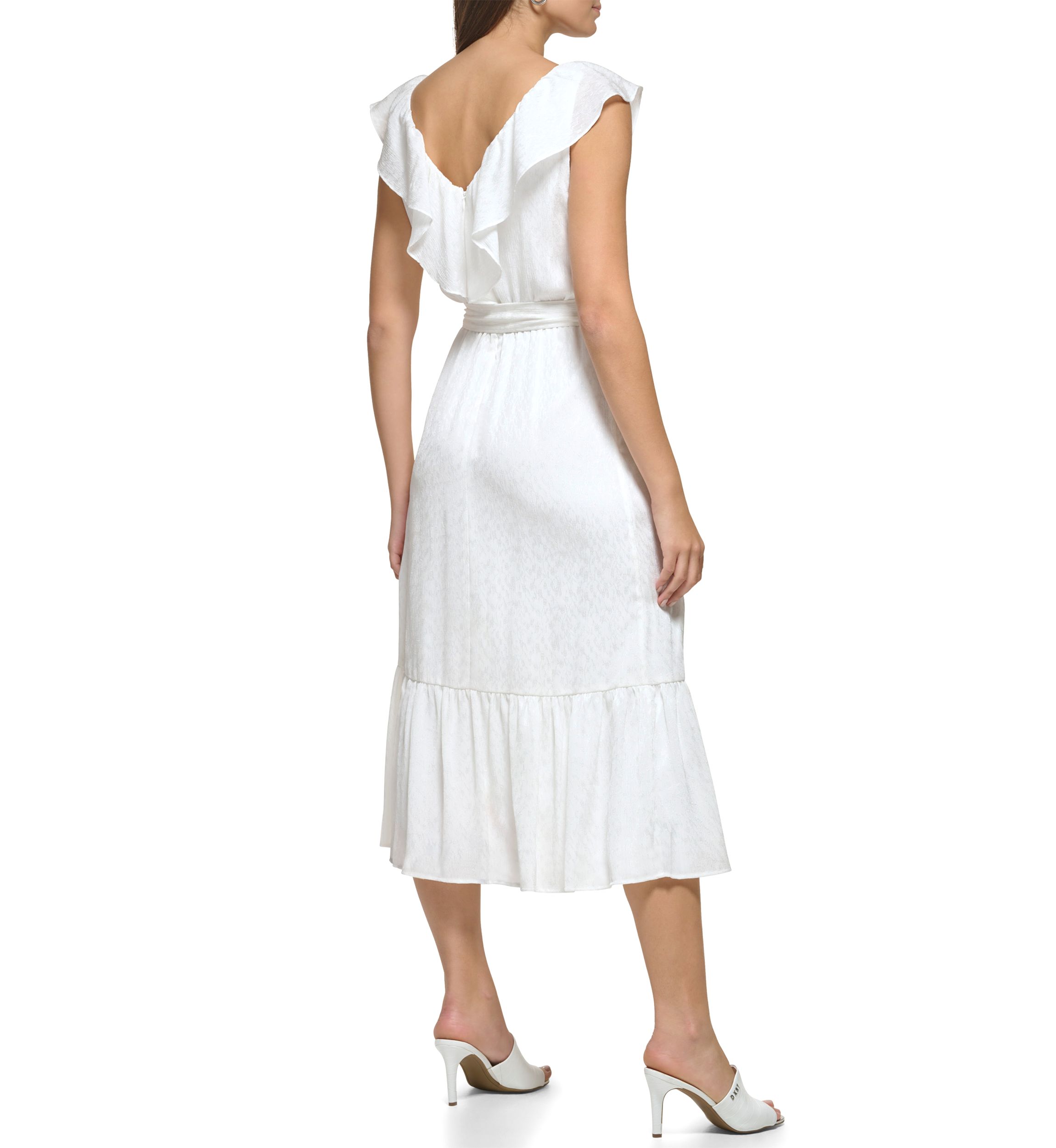 Womens Sleeveless Ruffle Neck Tie Waist Solid Fit and Flare Dress