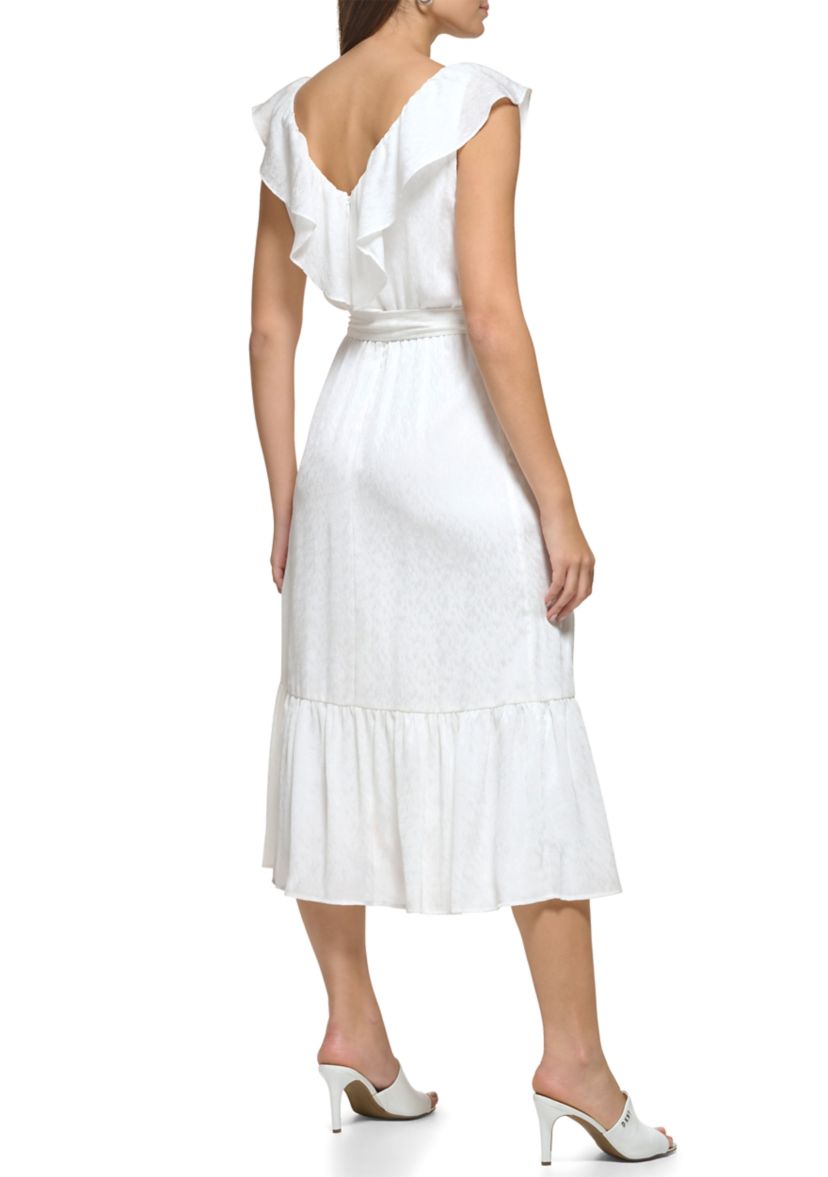 Womens Sleeveless Ruffle Neck Tie Waist Solid Fit and Flare Dress