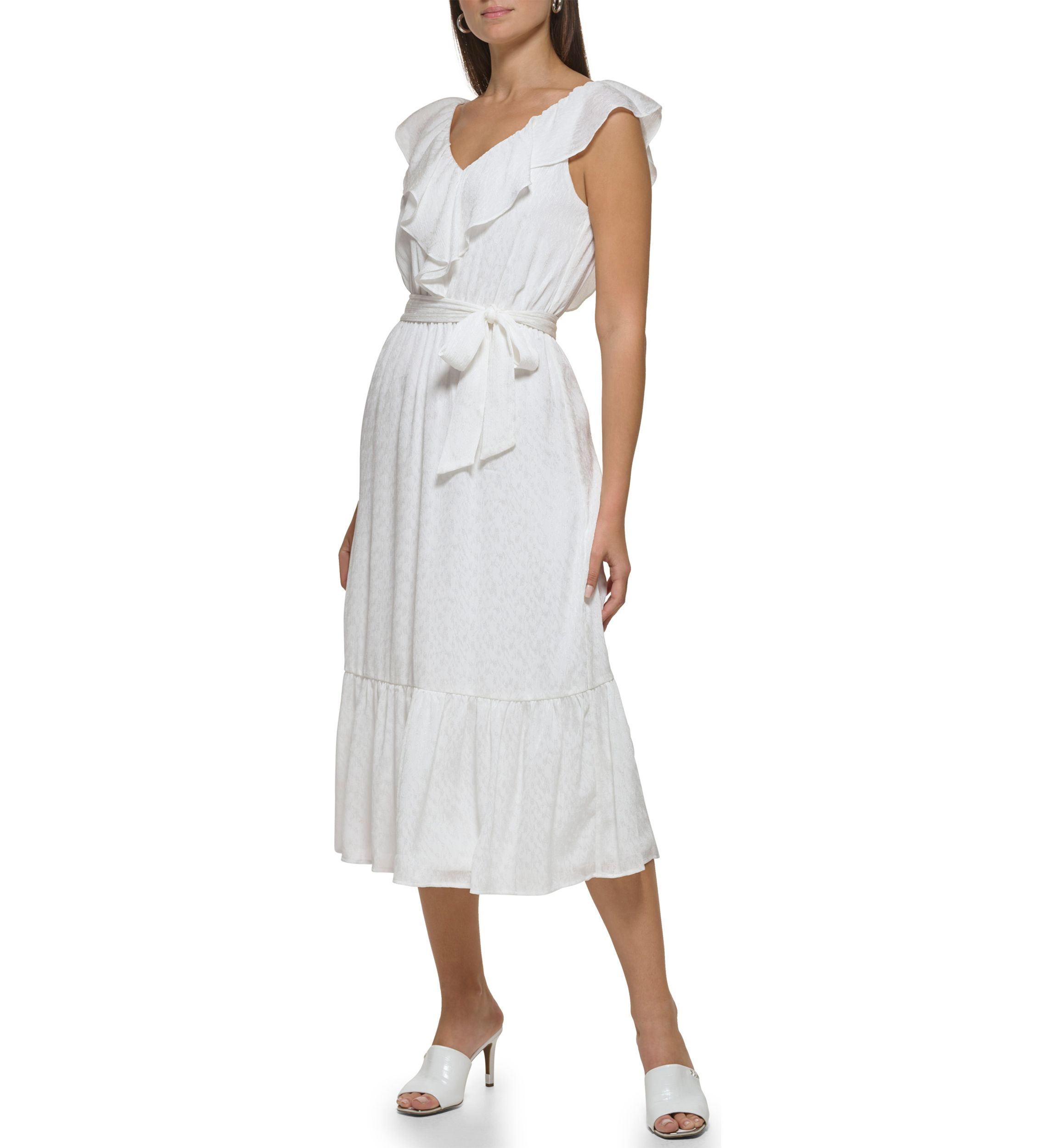 Womens Sleeveless Ruffle Neck Tie Waist Solid Fit and Flare Dress