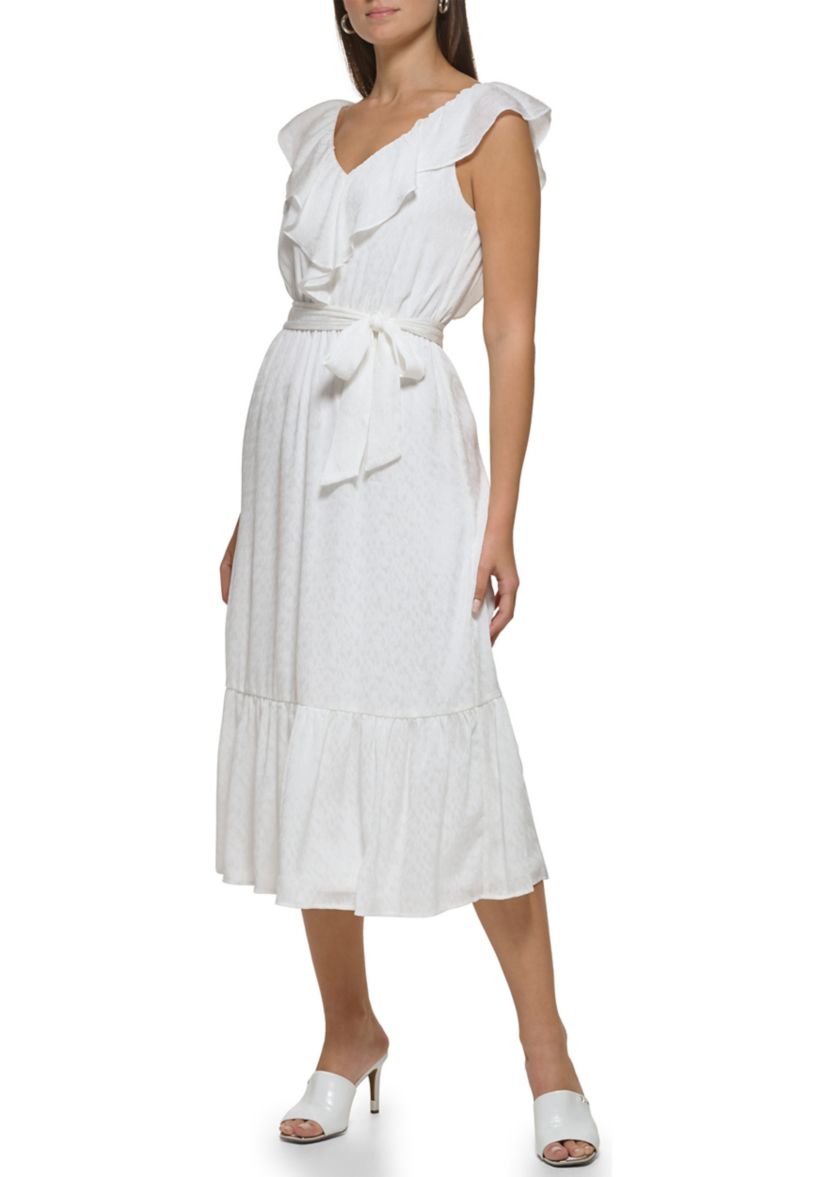 Womens Sleeveless Ruffle Neck Tie Waist Solid Fit and Flare Dress