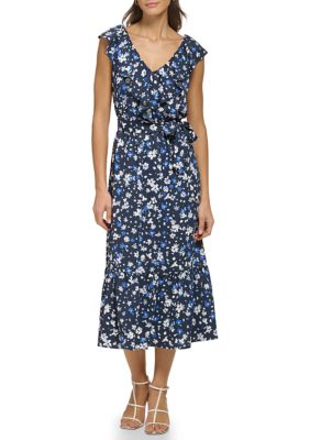 DKNY Women's Short Sleeve V-Neck Ruffle Print Fit and Flare Dress | belk