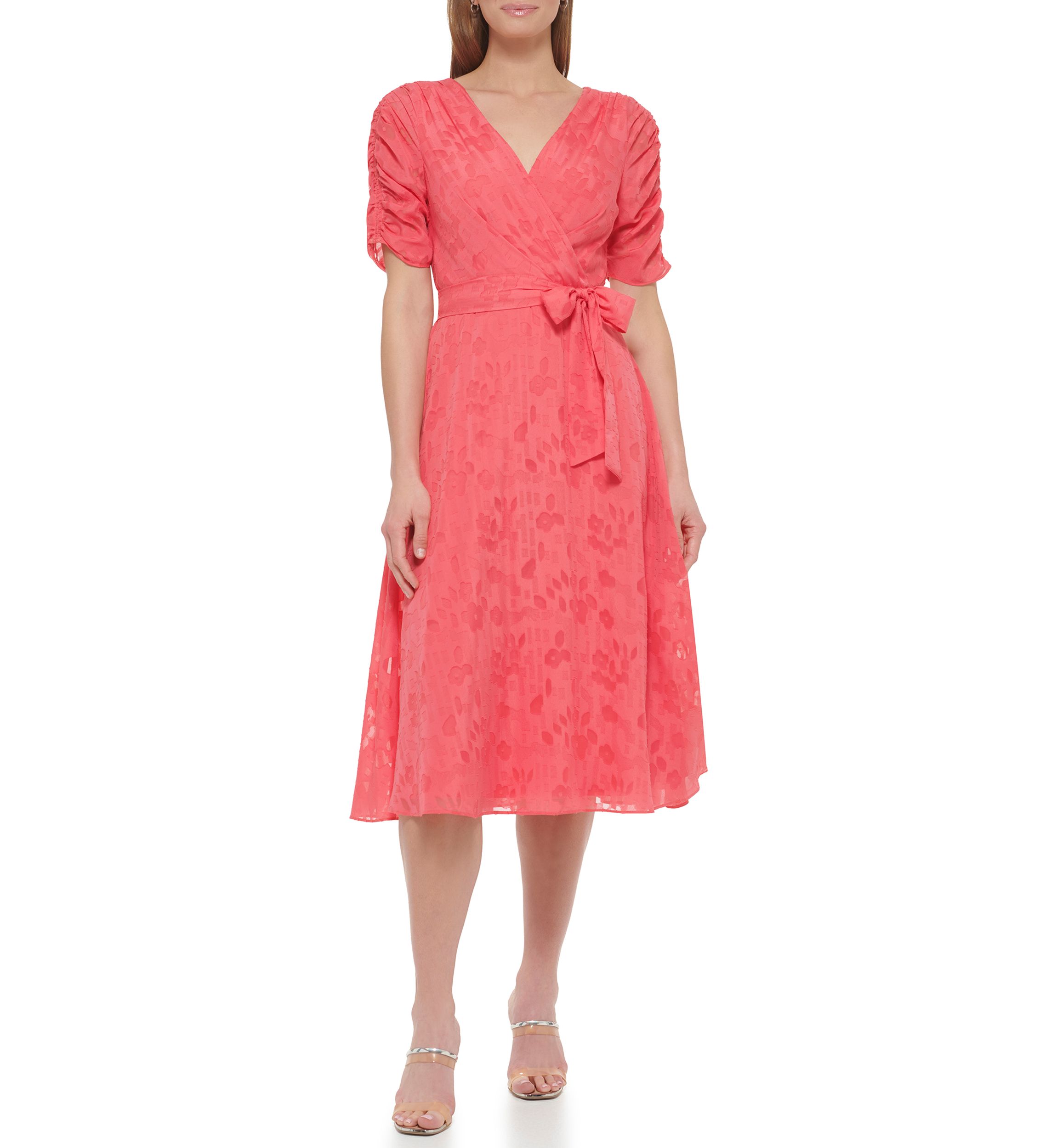 Womens Short Sleeve V-Neck Tie Waist Solid Chiffon Fit and Flare Dress