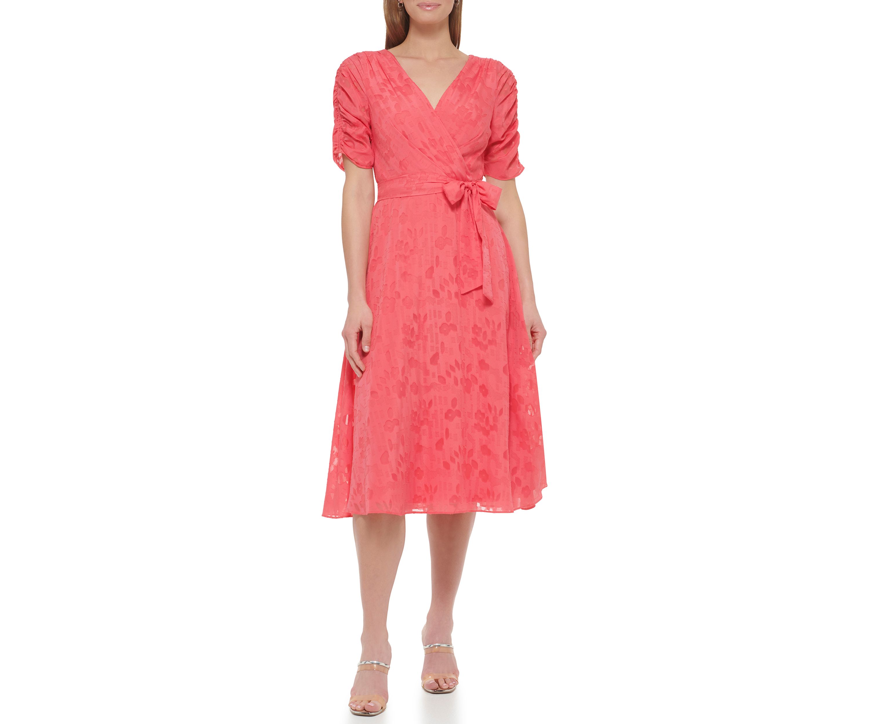 Womens Short Sleeve V-Neck Tie Waist Solid Chiffon Fit and Flare Dress