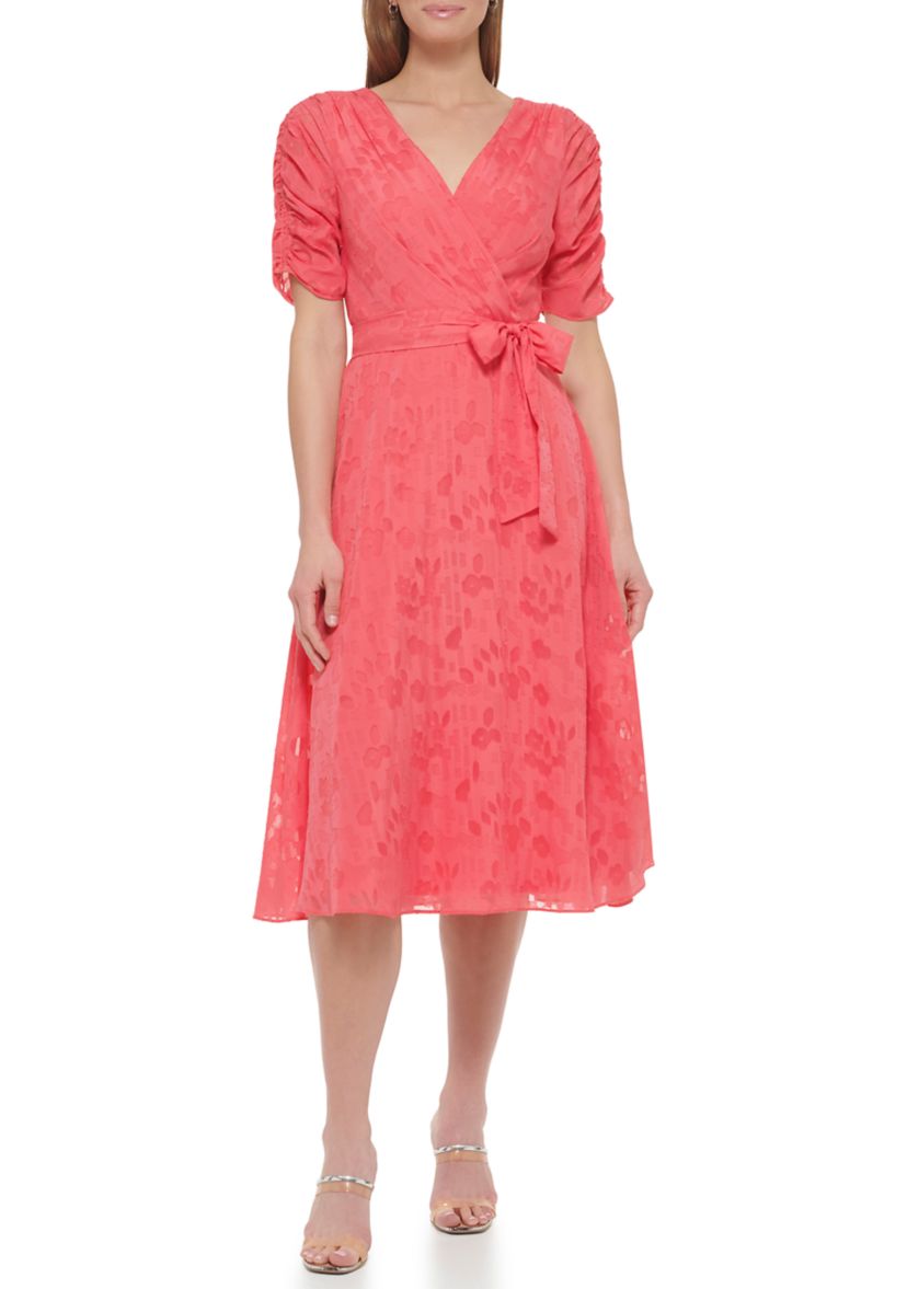 Womens Short Sleeve V-Neck Tie Waist Solid Chiffon Fit and Flare Dress