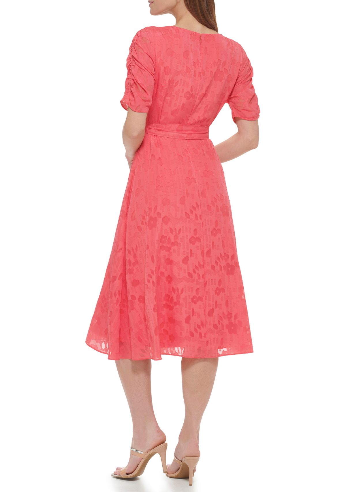 Womens Short Sleeve V-Neck Tie Waist Solid Chiffon Fit and Flare Dress