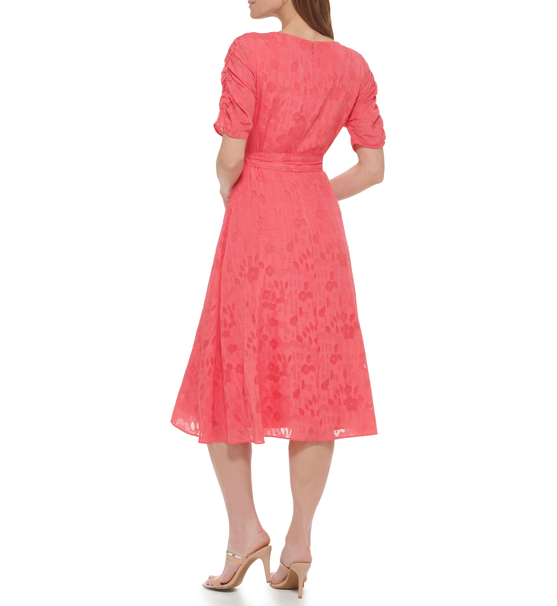 Womens Short Sleeve V-Neck Tie Waist Solid Chiffon Fit and Flare Dress