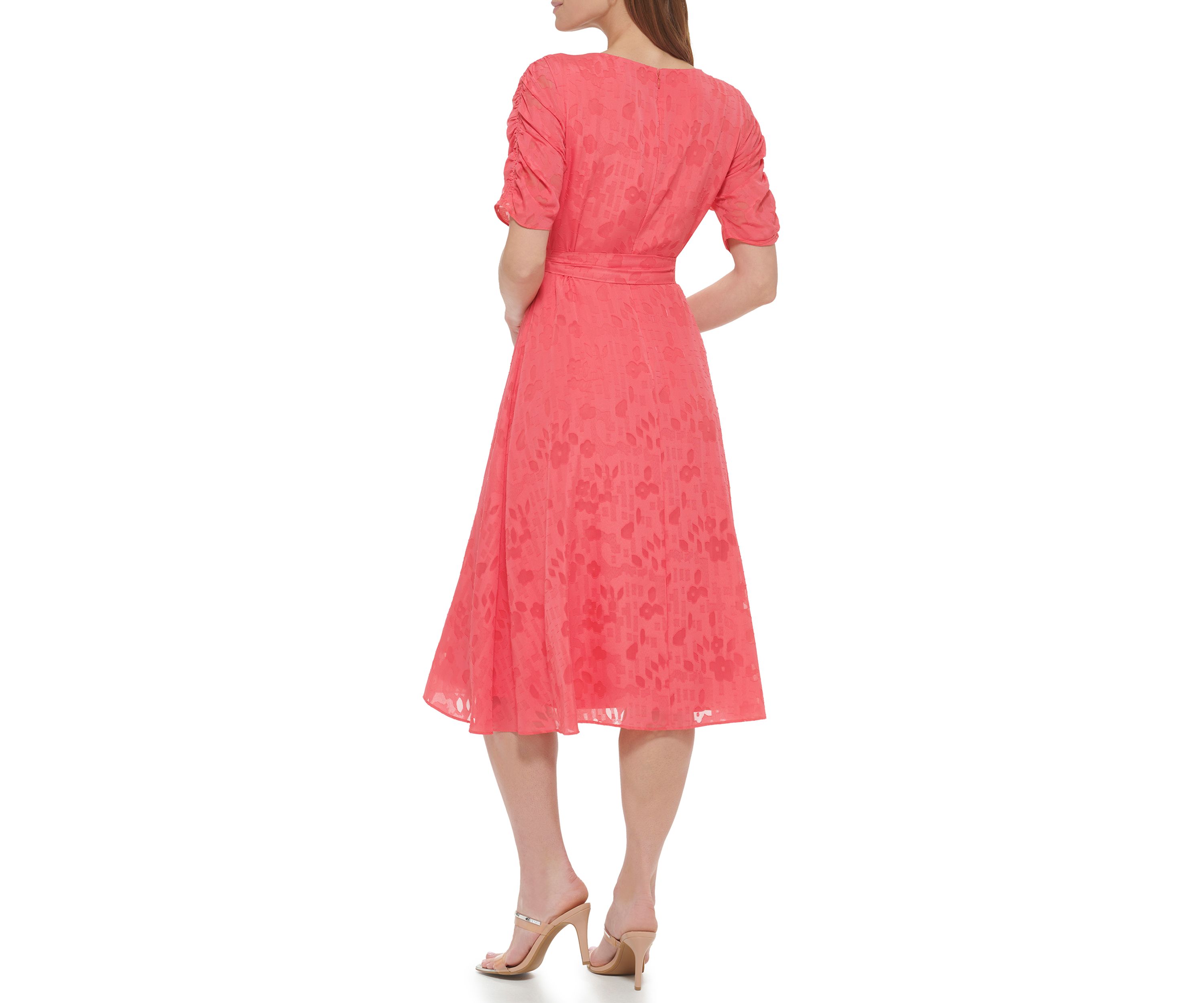 Womens Short Sleeve V-Neck Tie Waist Solid Chiffon Fit and Flare Dress