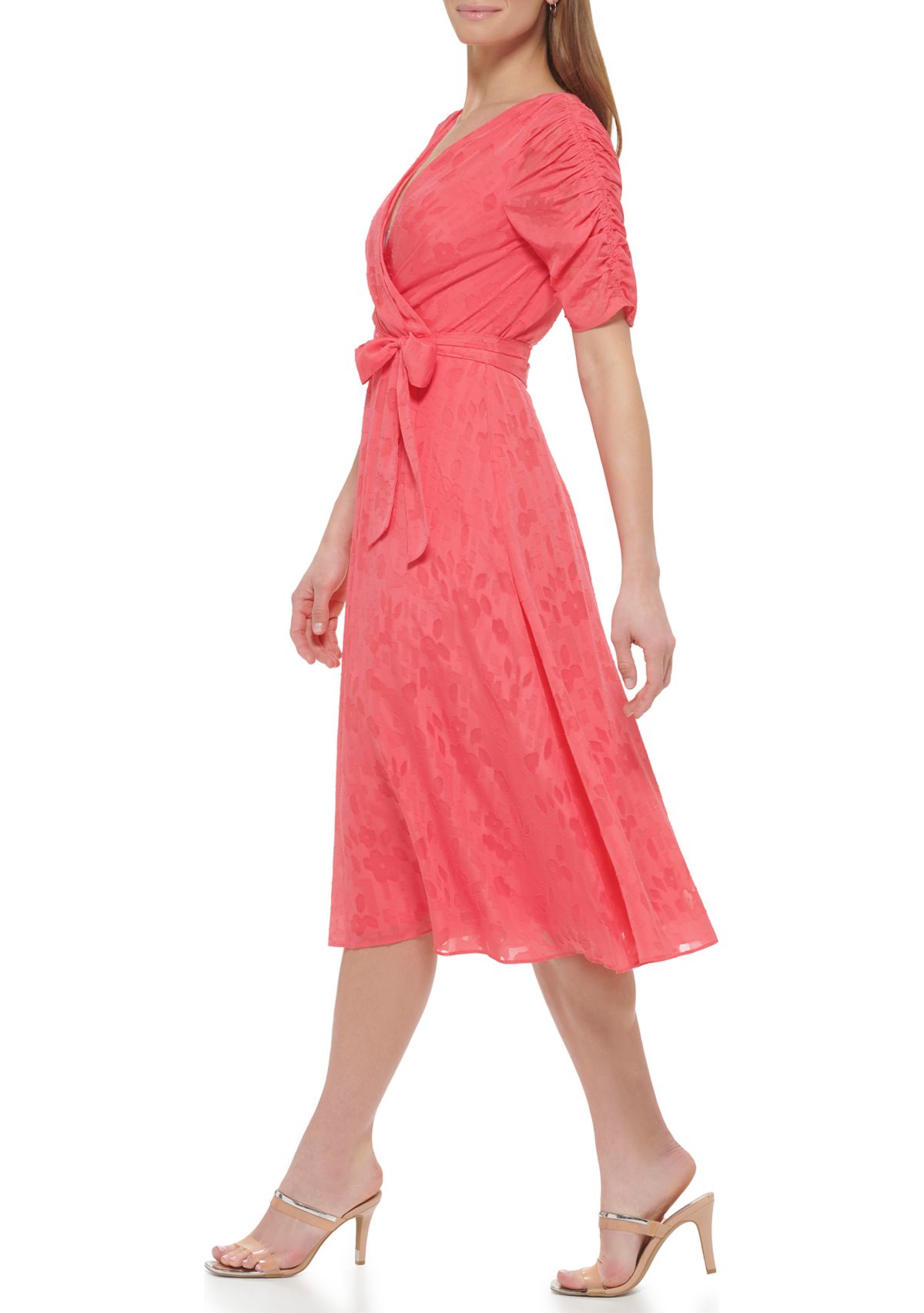 Womens Short Sleeve V-Neck Tie Waist Solid Chiffon Fit and Flare Dress