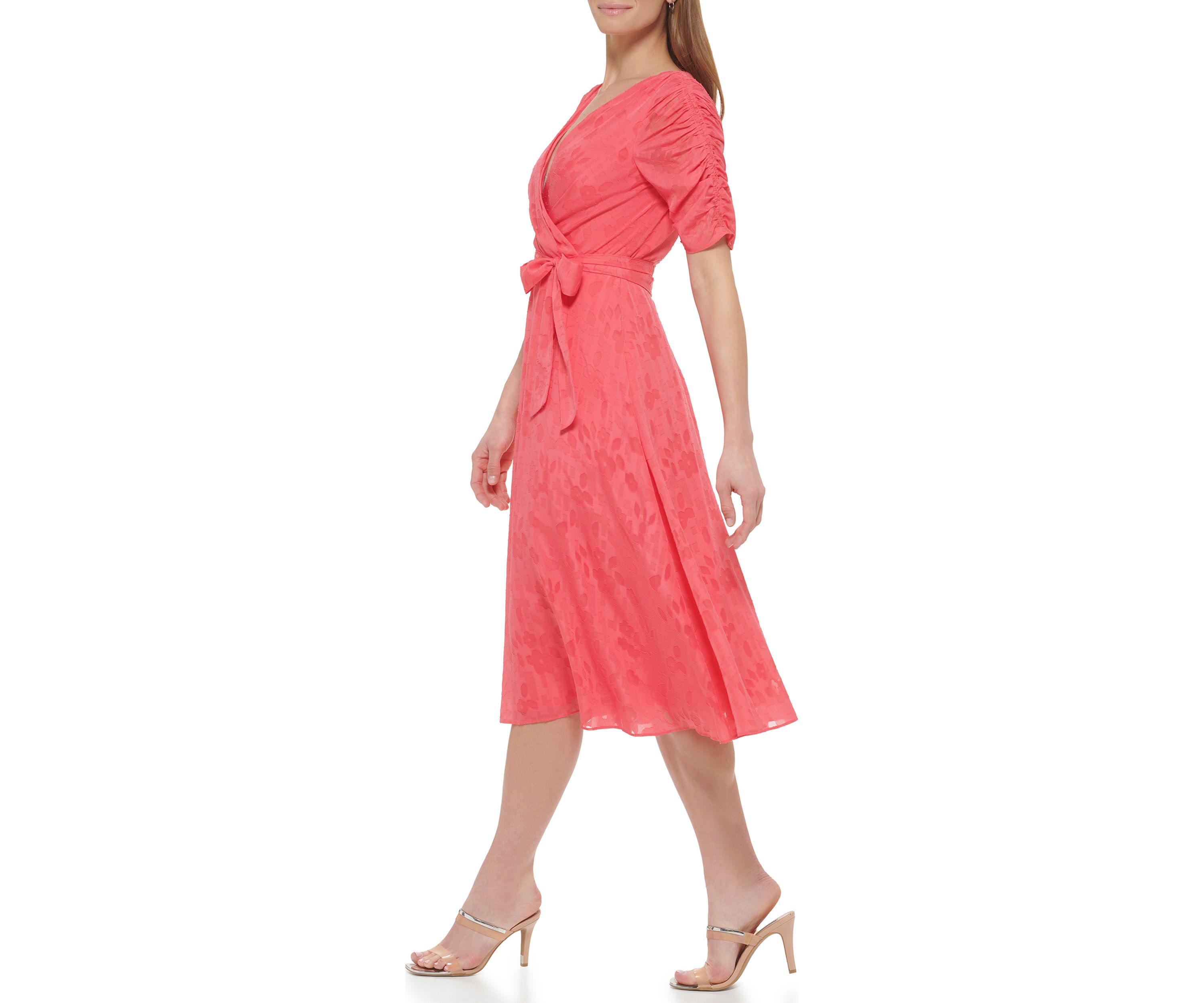 Womens Short Sleeve V-Neck Tie Waist Solid Chiffon Fit and Flare Dress