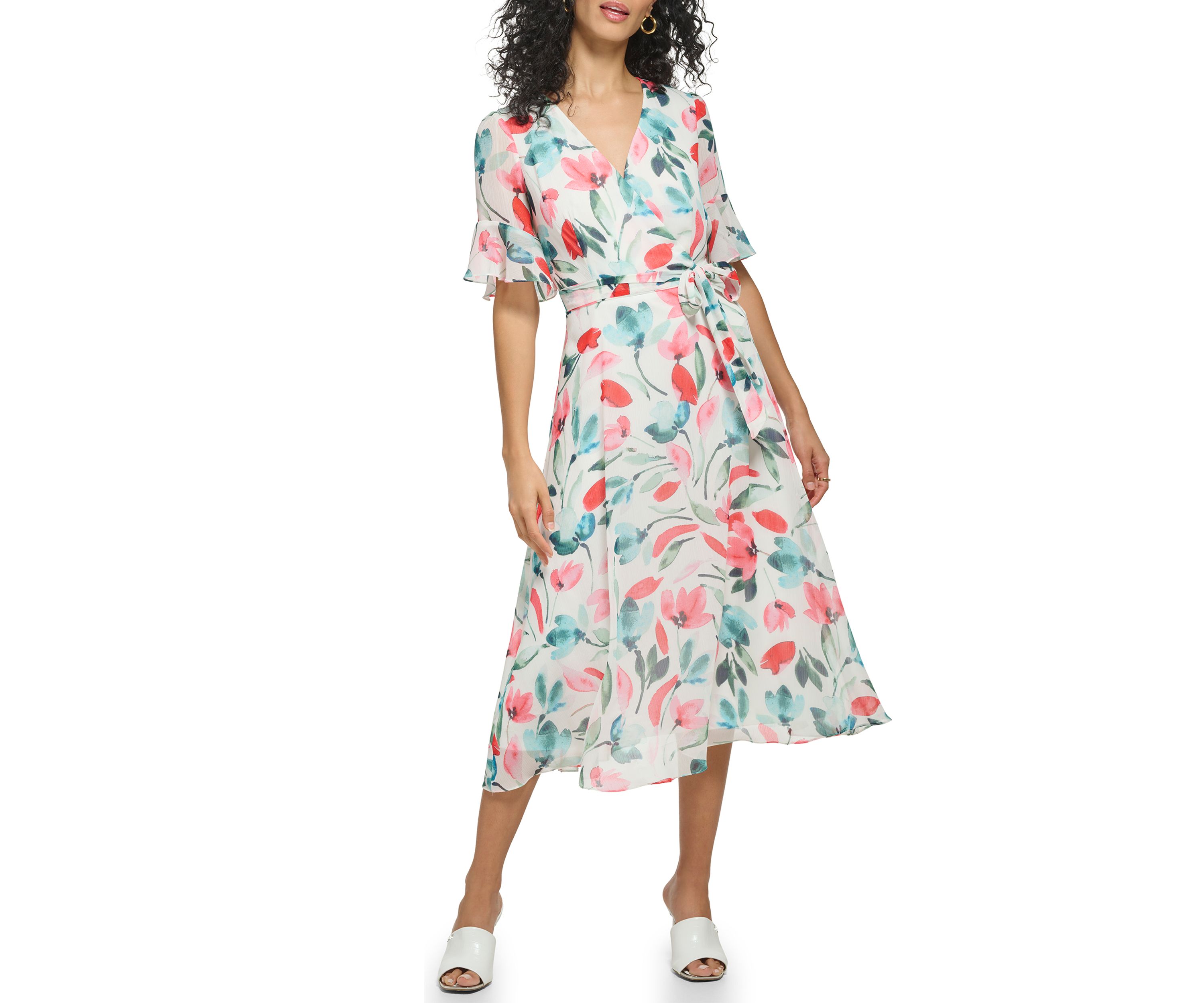 Womens Short Sleeve V-Neck Tie Waist Floral Chiffon Dress